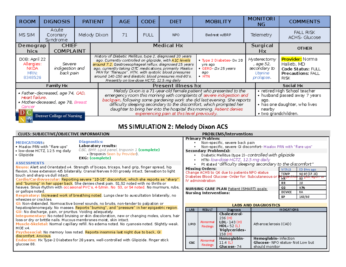 SIM 2 - Melody Dixon: Acute Coronary Syndrome Simulation Report - Studocu
