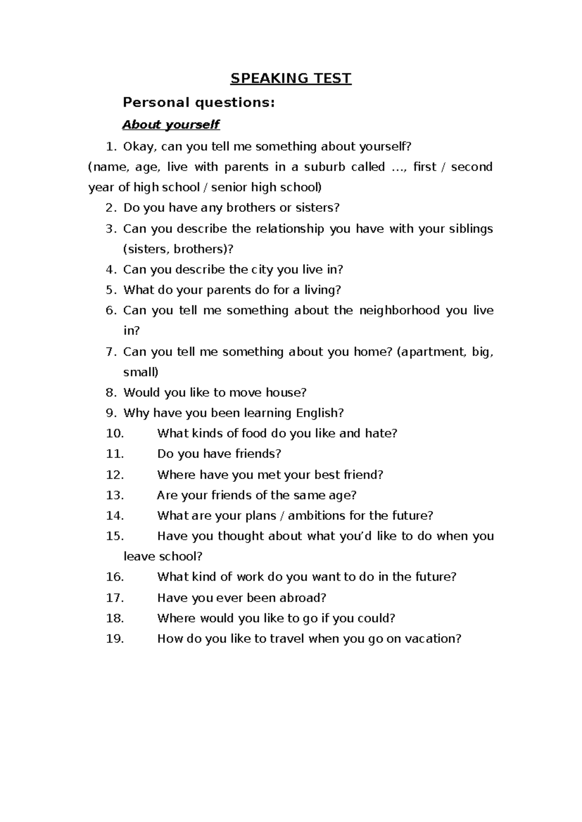 SPEAKING TEST: Personal Questions for ESL Students - Studocu
