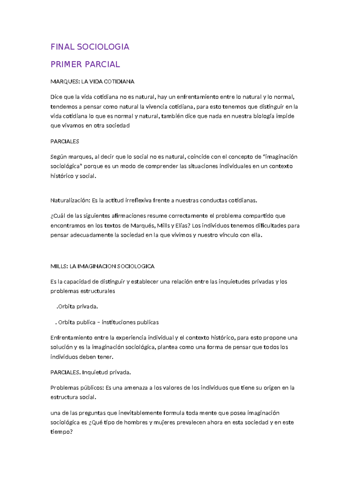 FINAL SOCIOLOGIA PRIMER PARCIAL: ANÁLISIS DE LA VIDA COTIDIANA - Studocu