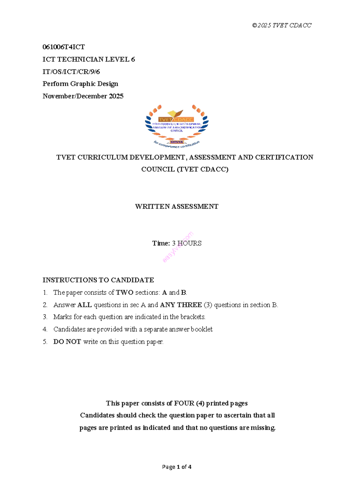 TVET CDACC 061006T4ICT ICT Technician Level 6 Graphic Design Exam 2025 ...