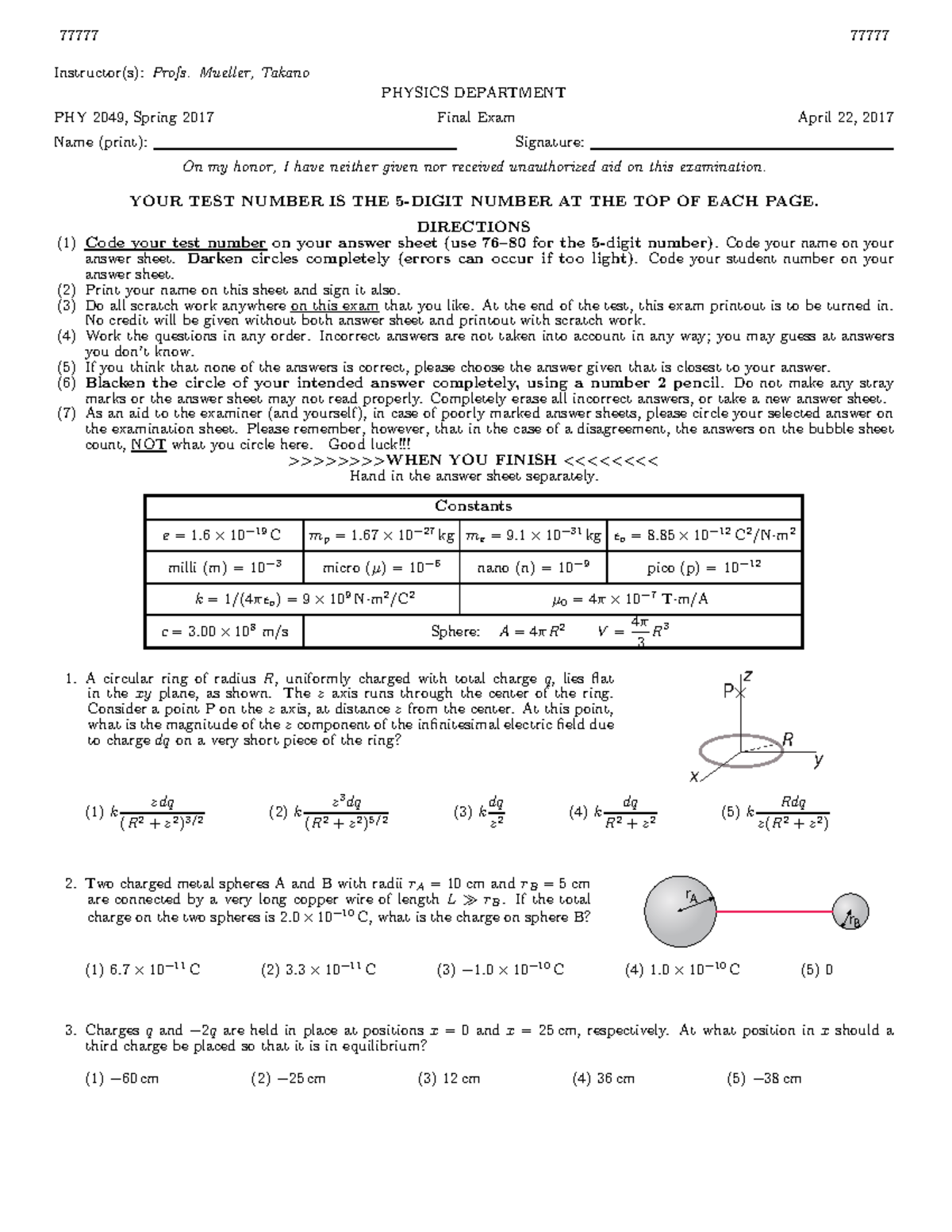Practice Exam PHY 2049: Spring 2017 Final Exam Review - Studocu