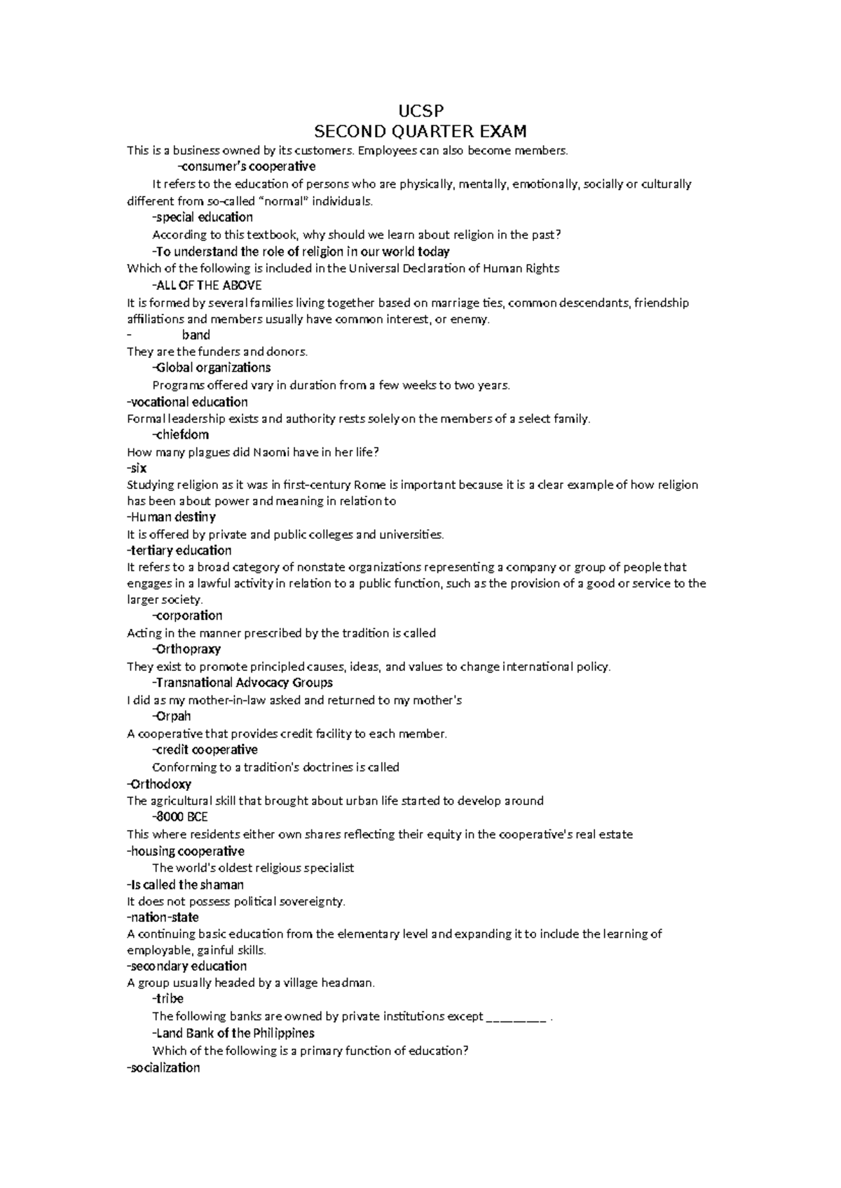 UCSP 2nd Quarter Exam Review: Key Concepts and Insights - Studocu