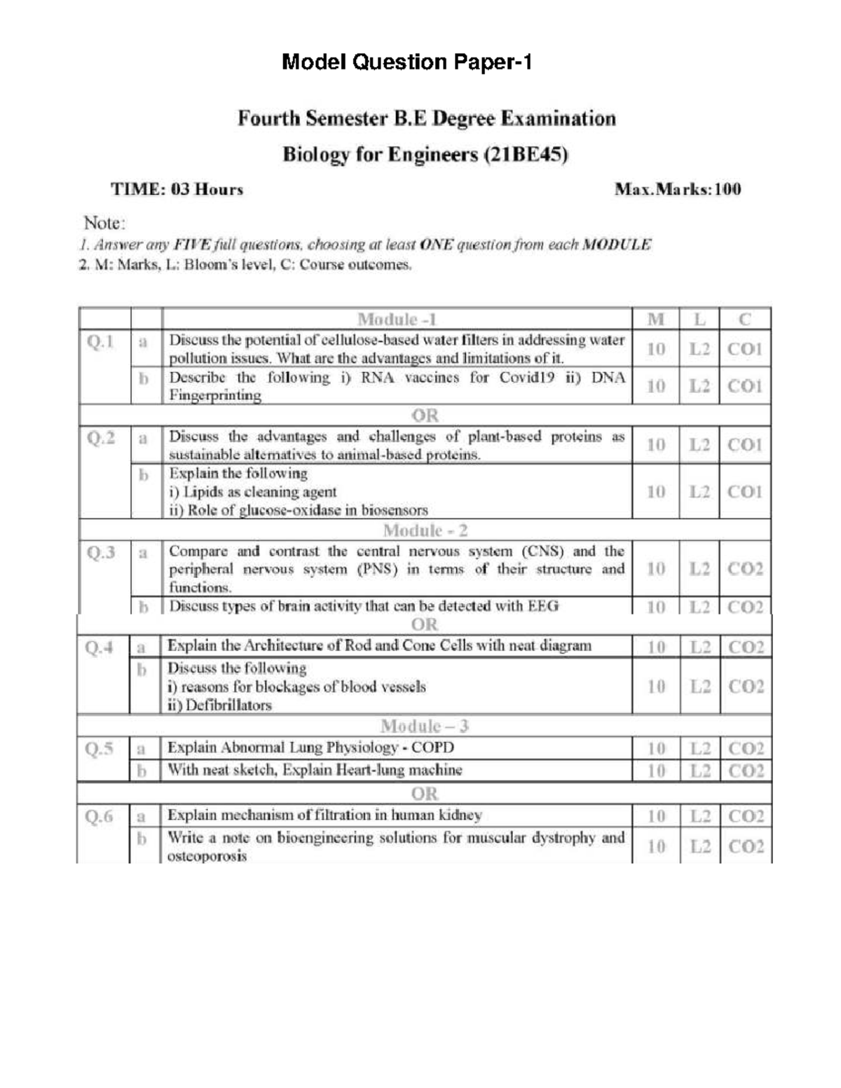 Model Question Paper for 4th Sem B.E. in Biology for Engineers (21BE45 ...
