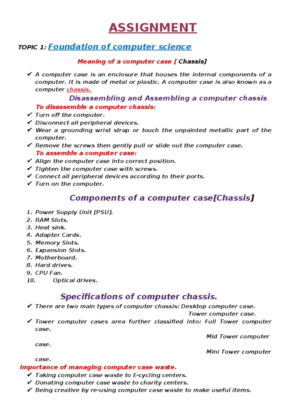 CS101 - Assignment on Computer Chassis and Assembly Procedures - Studocu