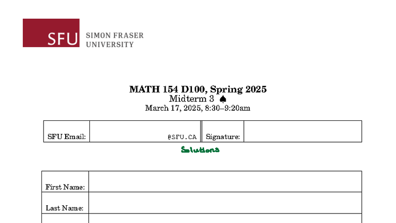 MATH 154 D100, Spring 2025 Midterm 3 Solutions and Approximations - Studocu