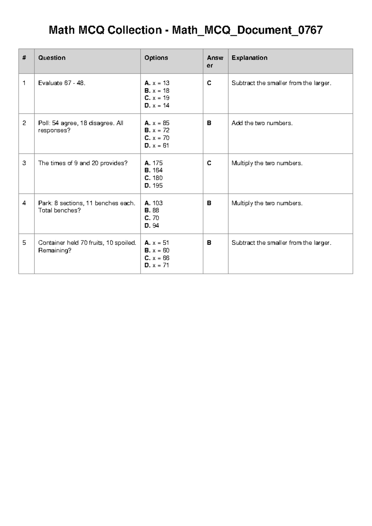 Math MCQ Collection for Course Code 0767 - Practice Questions - Studocu