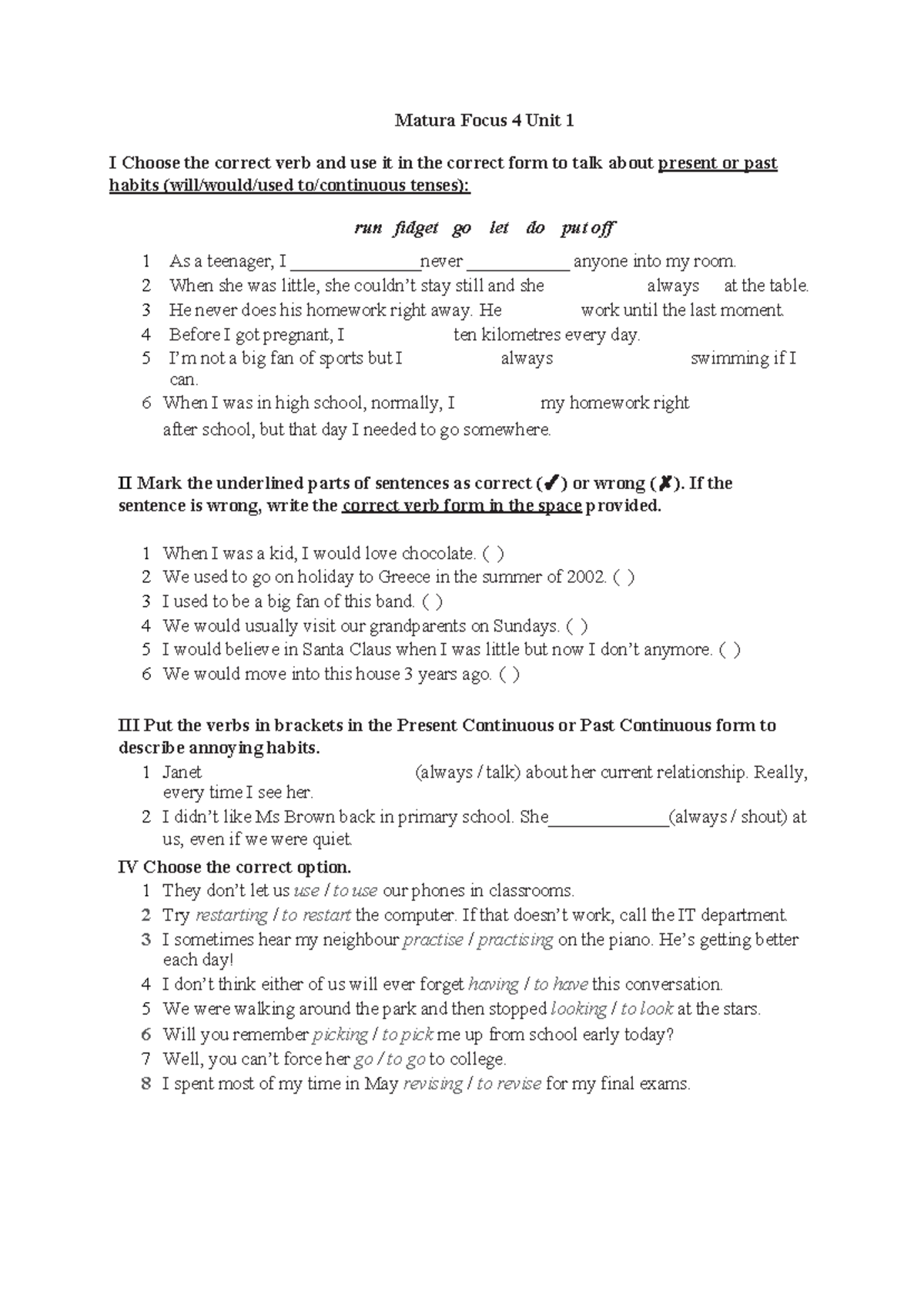 Matura Focus 4 Unit 1 - Present and Past Habits Exercises - Studocu