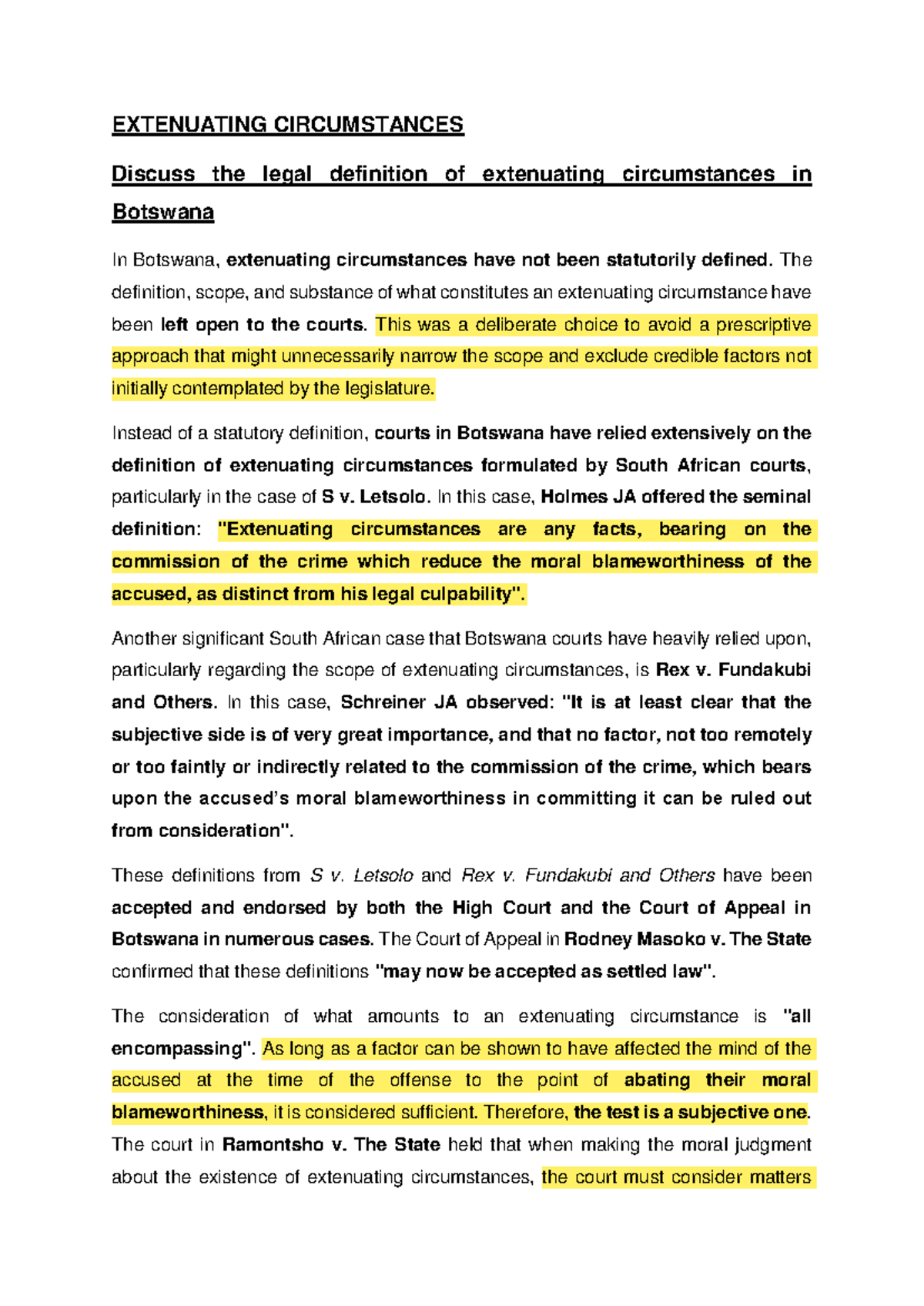 Legal Definition of Extenuating Circumstances in Botswana - Studocu
