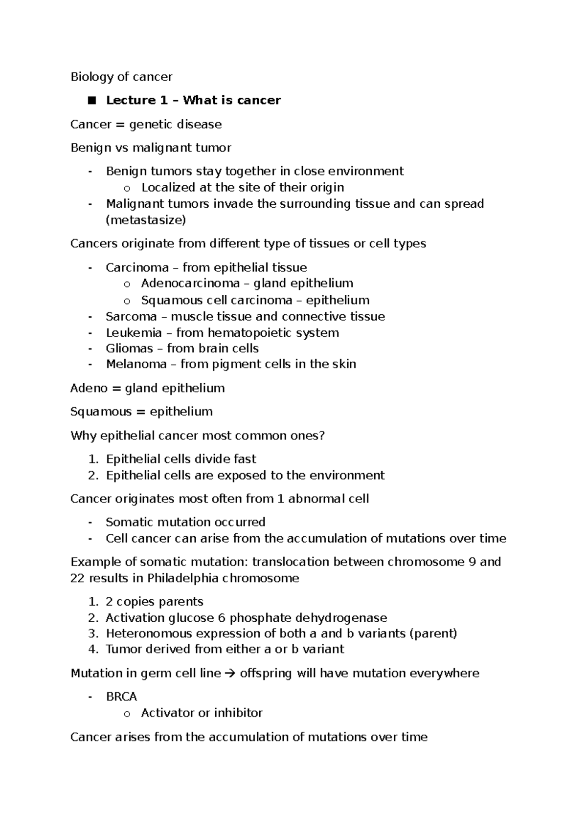 Biology of Cancer (BIO101) - Lecture Summary and Key Insights - Studeersnel