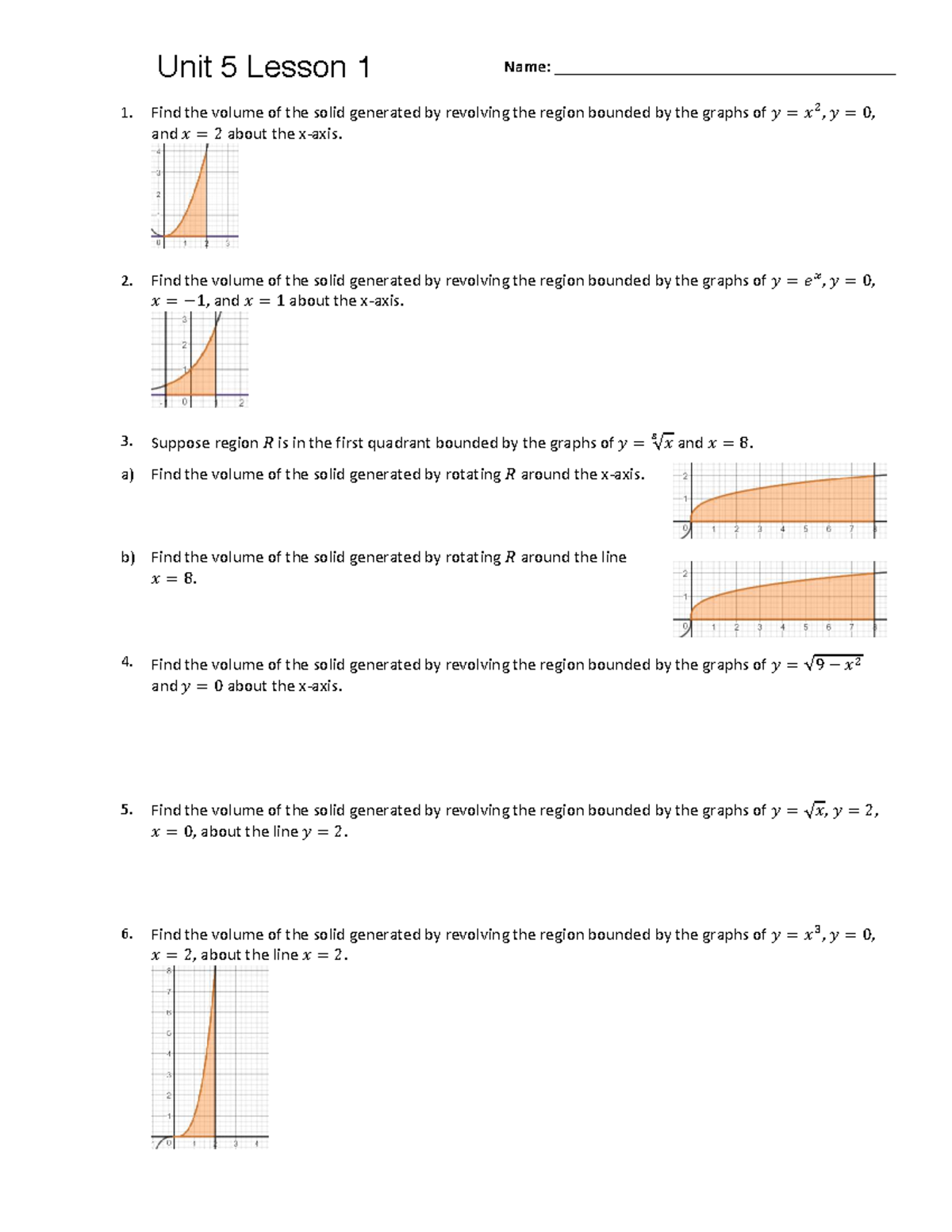 AP Calculus AB Unit 5 Lesson 1 Disk Method Homework - Studocu