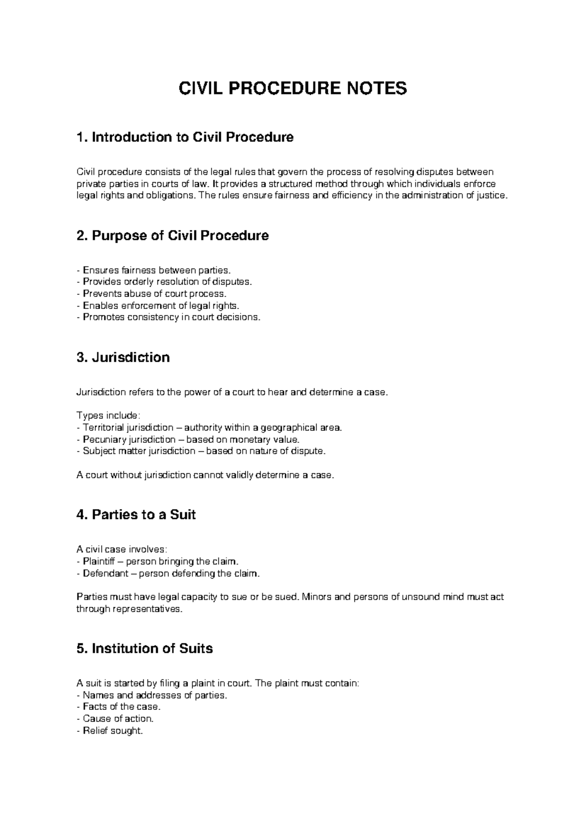 CIVIL PROCEDURE NOTES: Key Concepts and Processes - Studocu