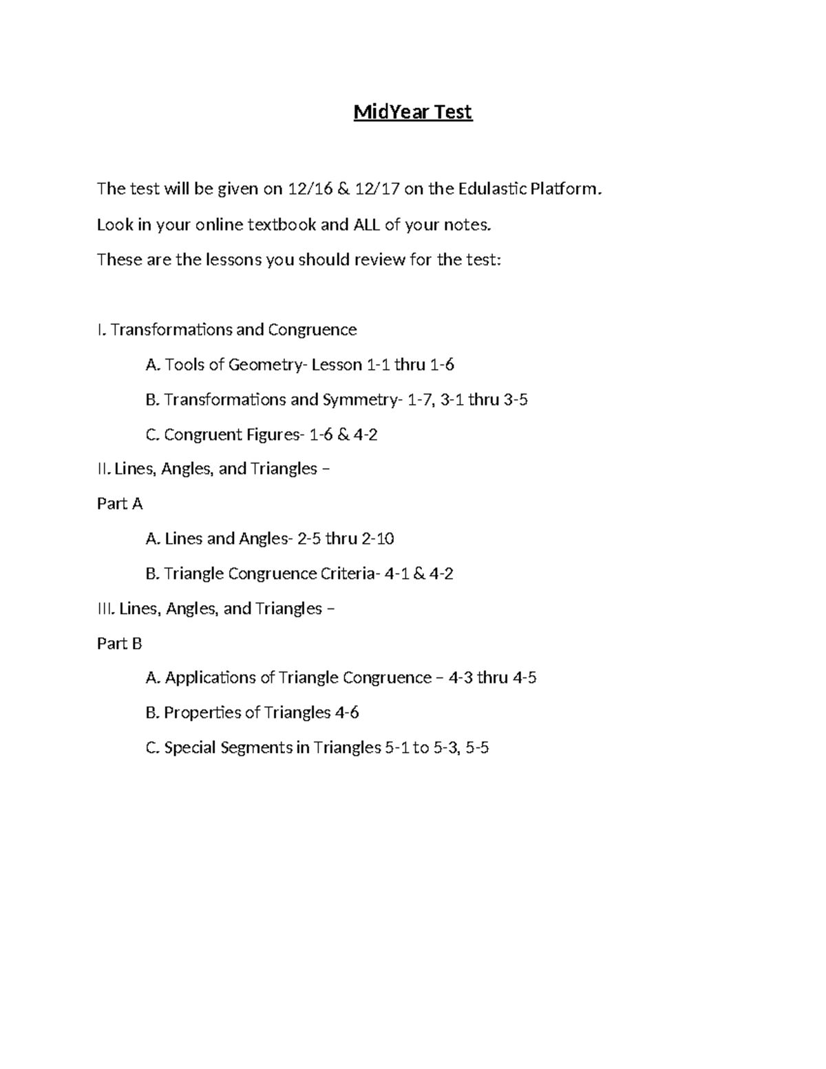 Mid Year Test Review 2020 - MidYear Test The test will be given on 12/ ...