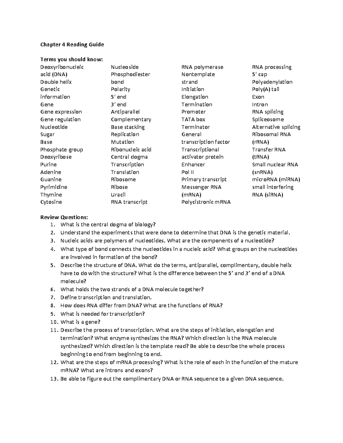 Chapter 4 Reading Guide for Genetics: Key Terms and Review Questions ...