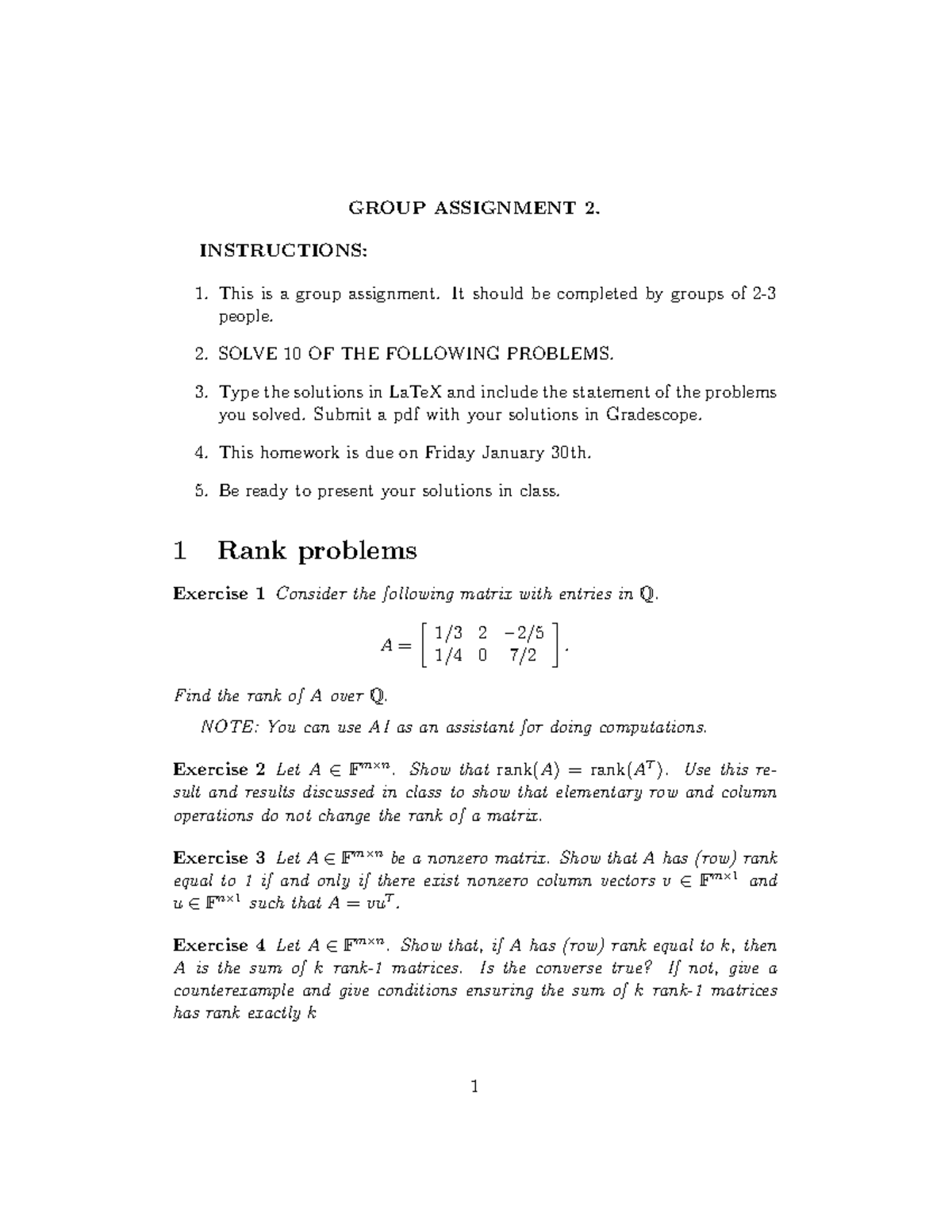 GROUP ASSIGNMENT 2: Matrix Rank Problems and Solutions - Studocu