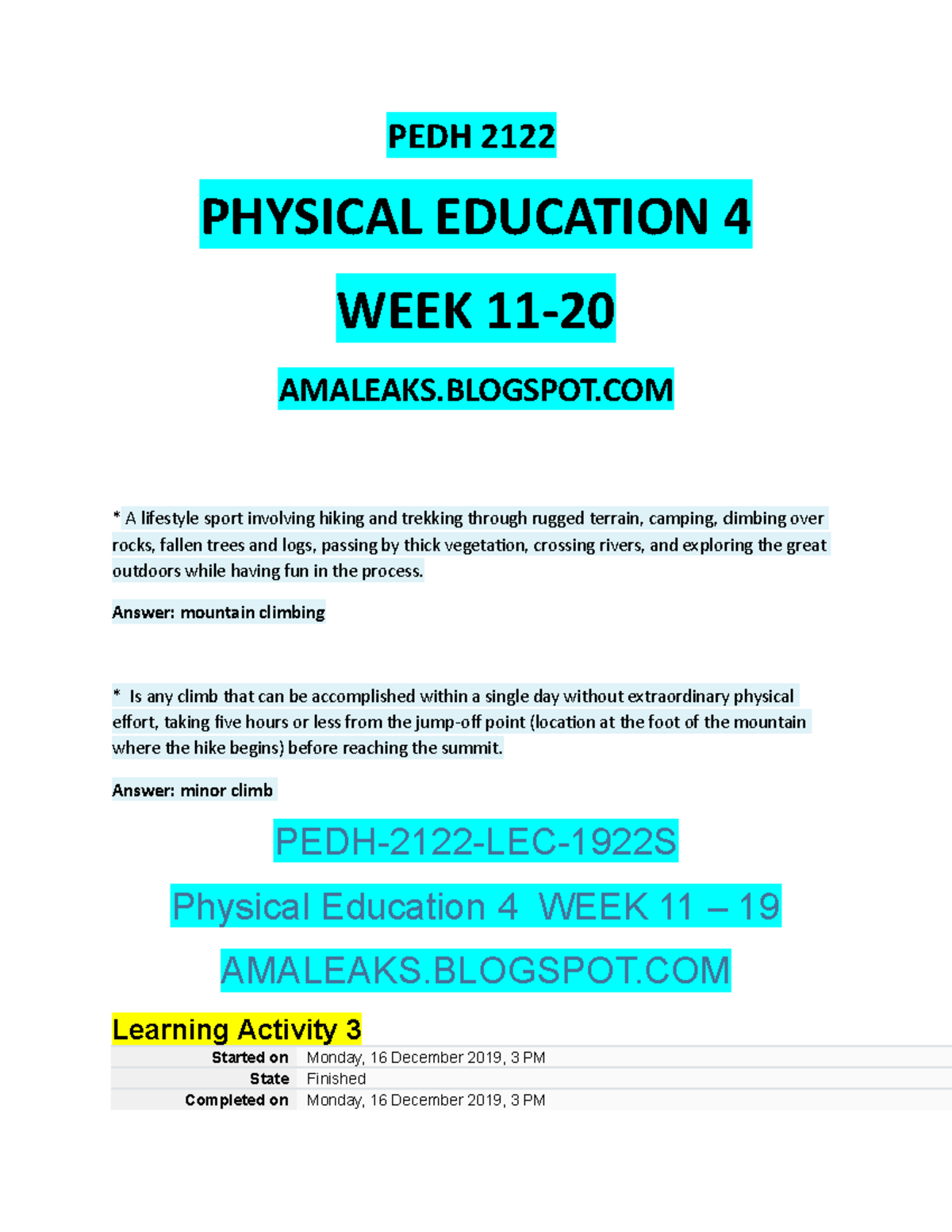 PEDH-2122 Week 11-20 Answer Key for Grade 11 Physical Education - Studocu