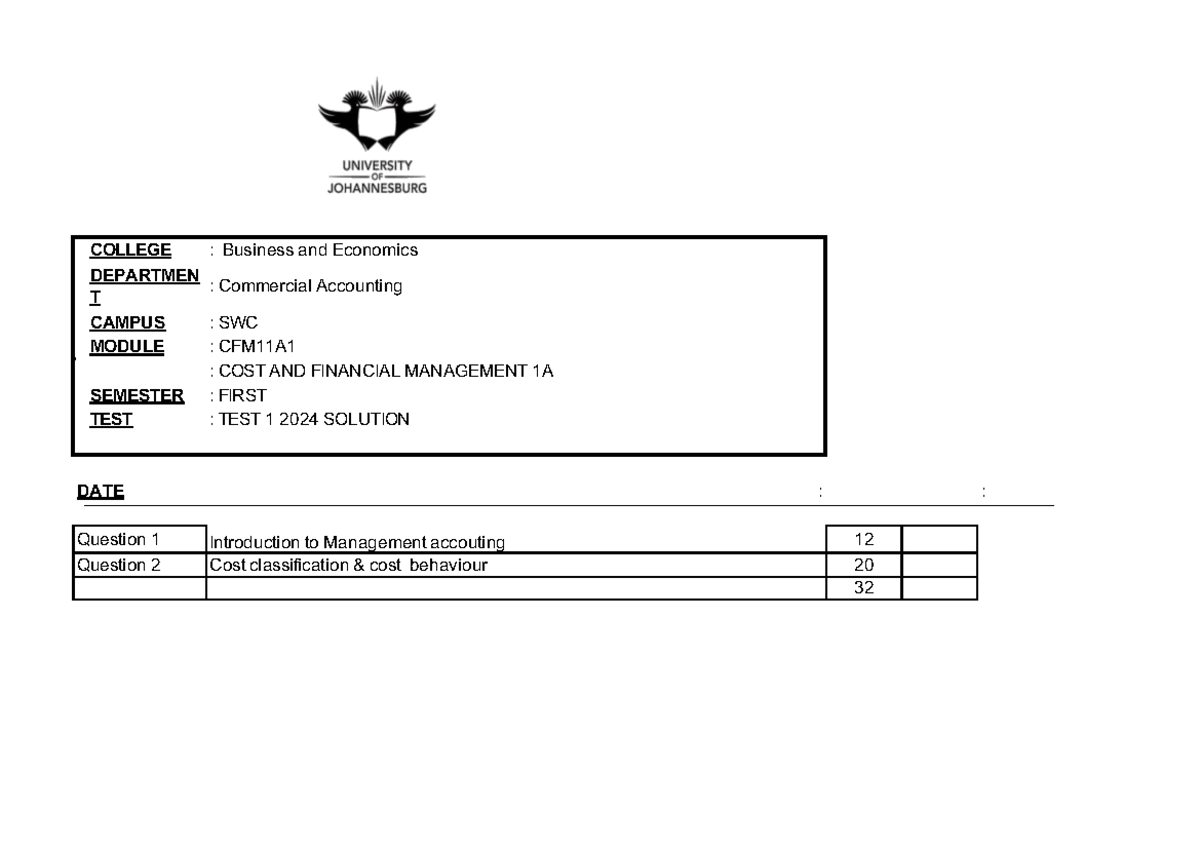 CFM11A1: Cost and Financial Management 1A Test 1 Solutions 2024 - Studocu
