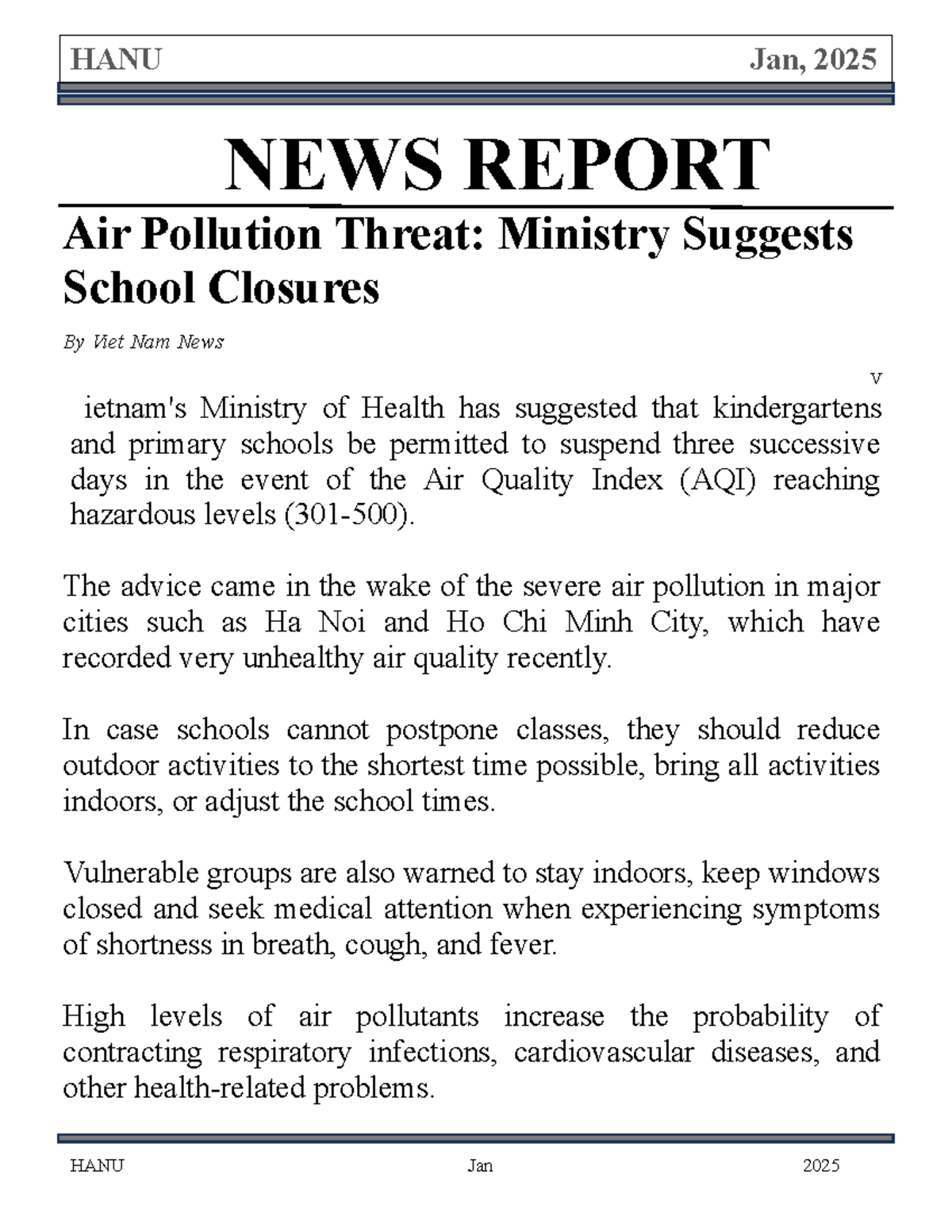 HANU Jan 2025 News Report: Air Pollution and School Closures - Studocu