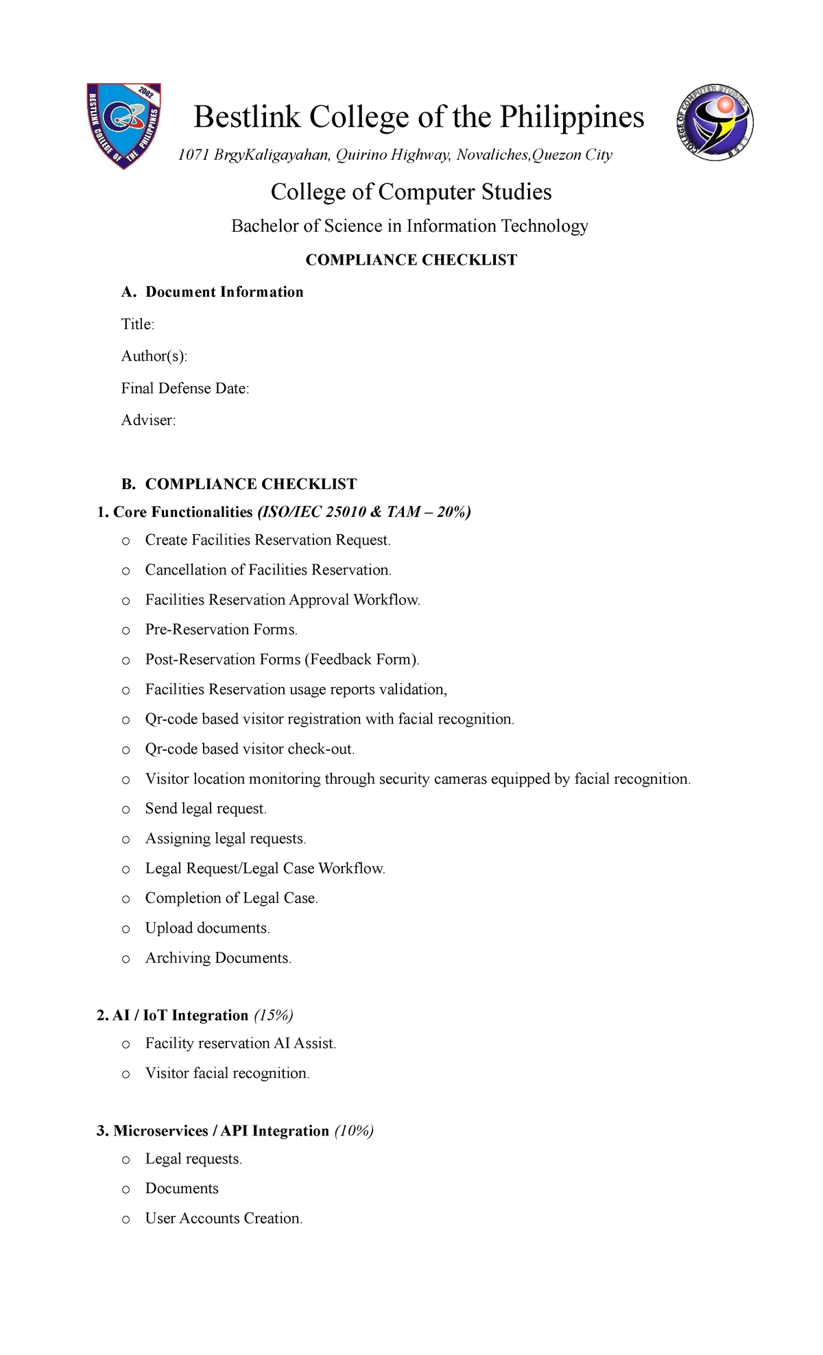 Compliance Checklist for Final Defense - BSIT 1071 - Studocu