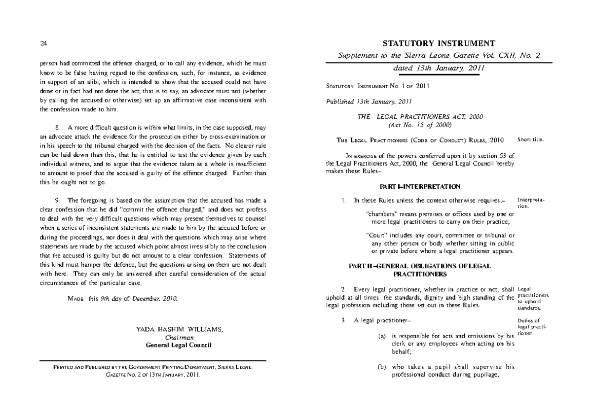 STATUTORY INSTRUMENT NO. 1 OF 2011: CODE OF CONDUCT RULES 2010 - Studocu