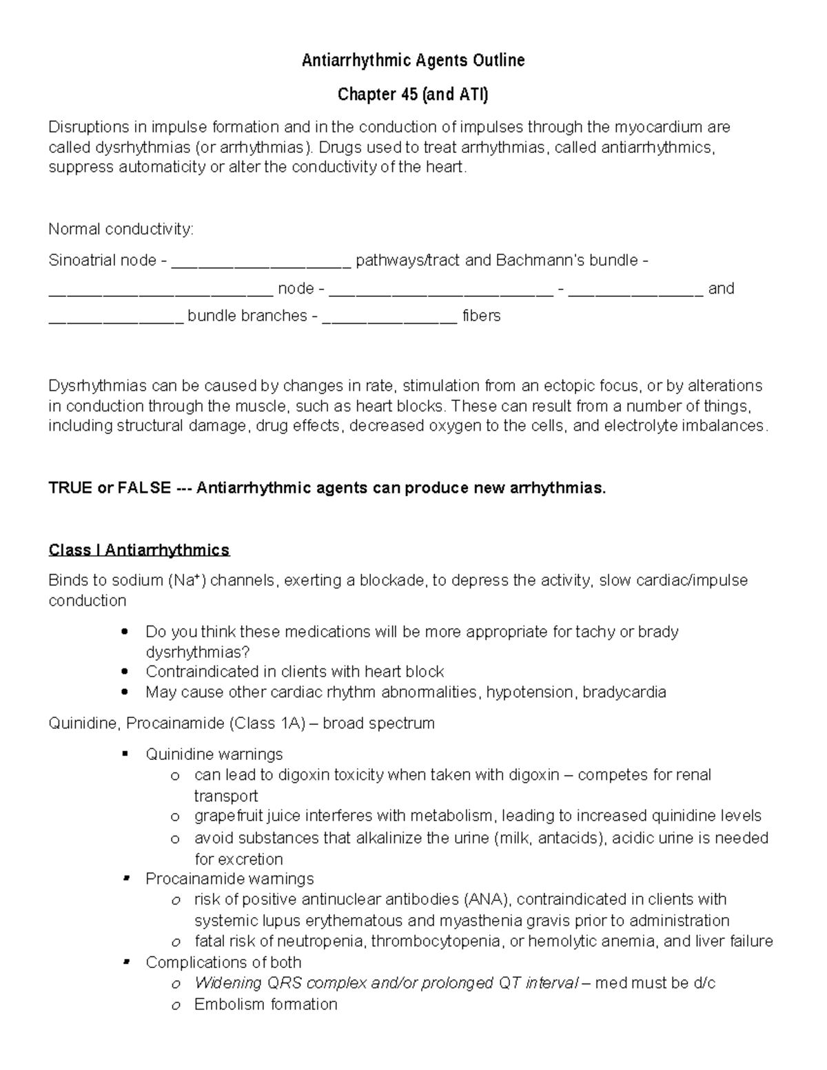 Antiarrhythmic Agents Outline - Chapter 45 Analysis & Key Concepts ...