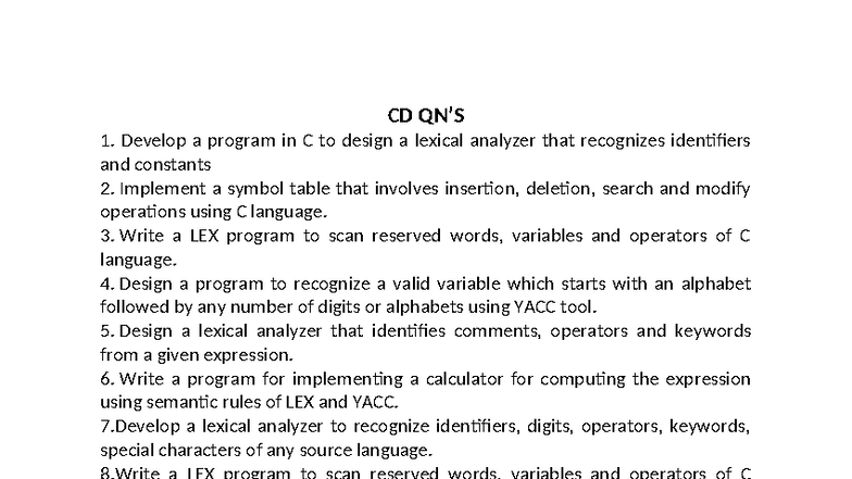 CD Lab: Lexical Analyzer & LEX Program Implementation Guide - Studocu