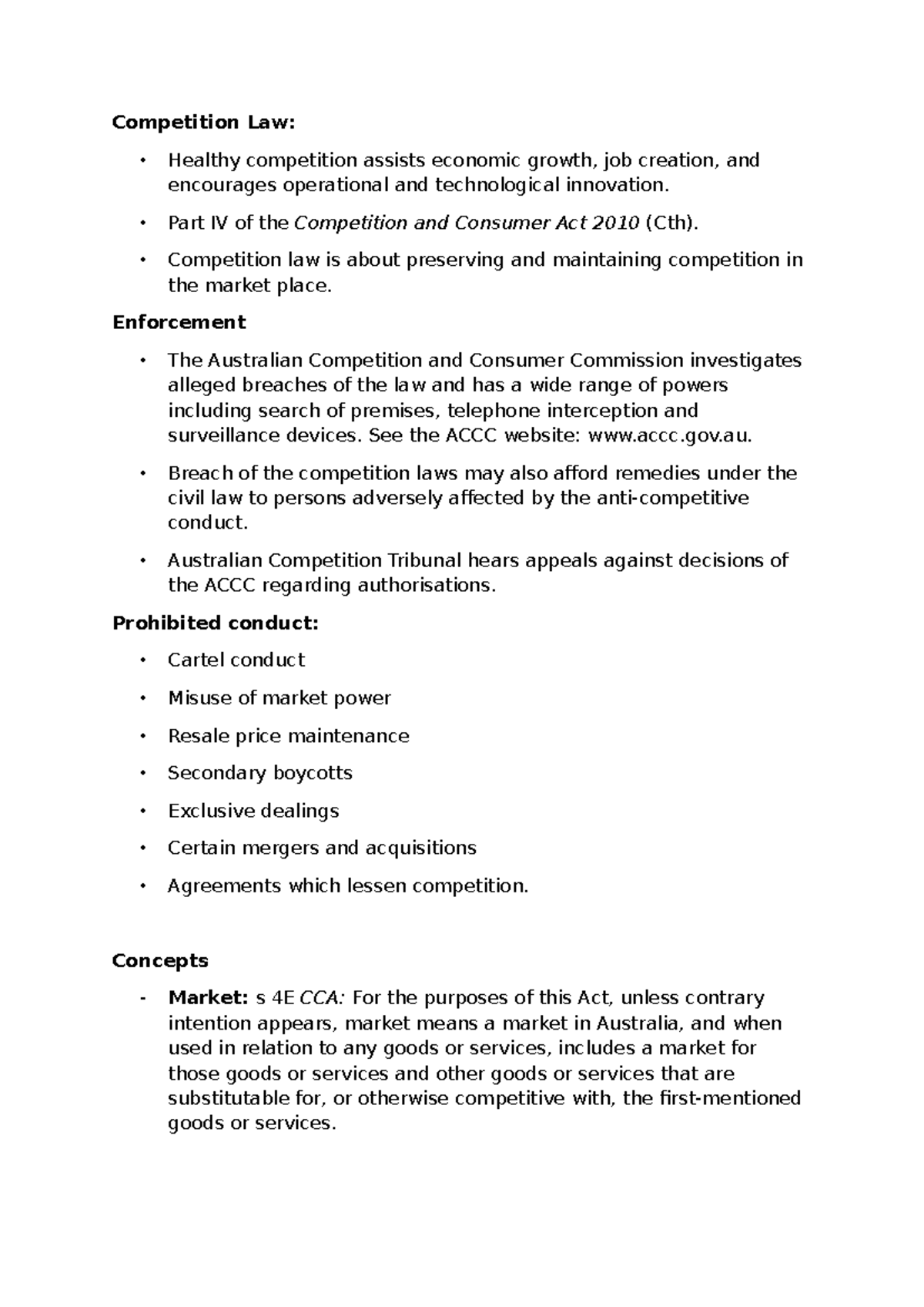 Competition Law: Overview and Enforcement under CCA 2010 - Studocu
