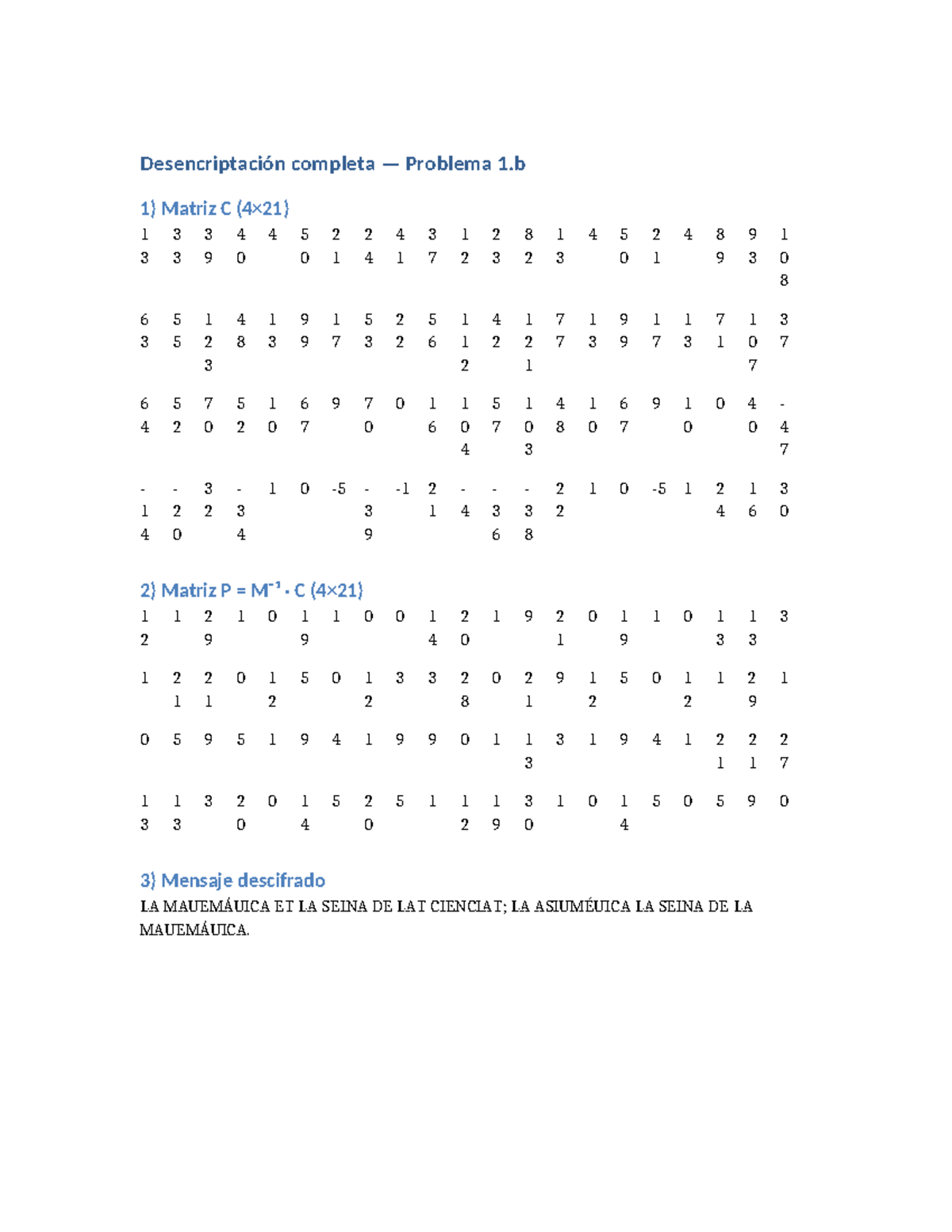 Desencriptación Completa: Problema 1.b - Matrices y Mensaje - Studocu