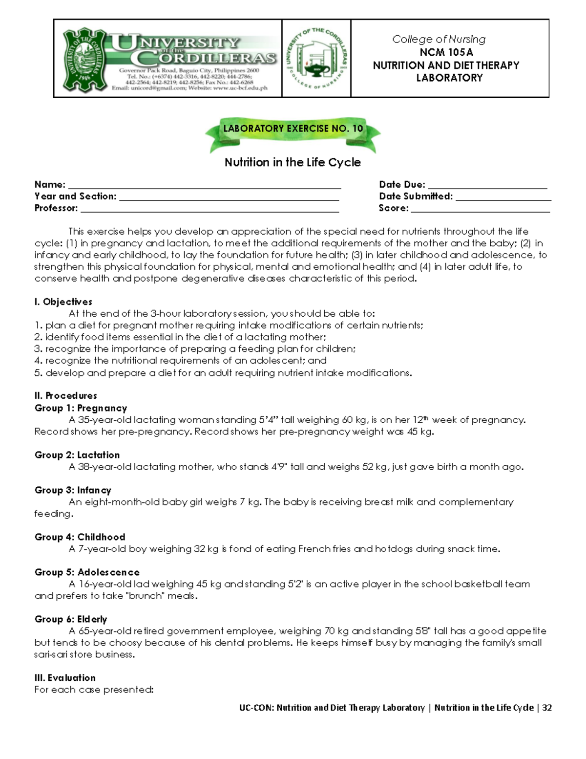 Exercise 10: Nutrition in the Life Cycle NCM-105A Lab Notes - Studocu