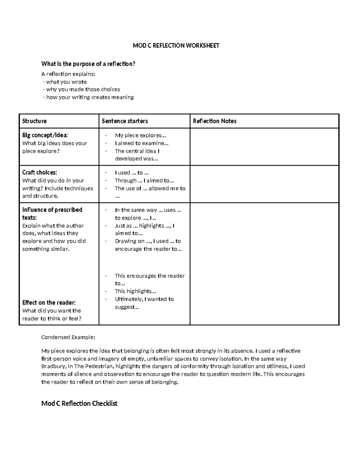 MOD C REFLECTION STRUCTURE & CHECKLIST - Studocu