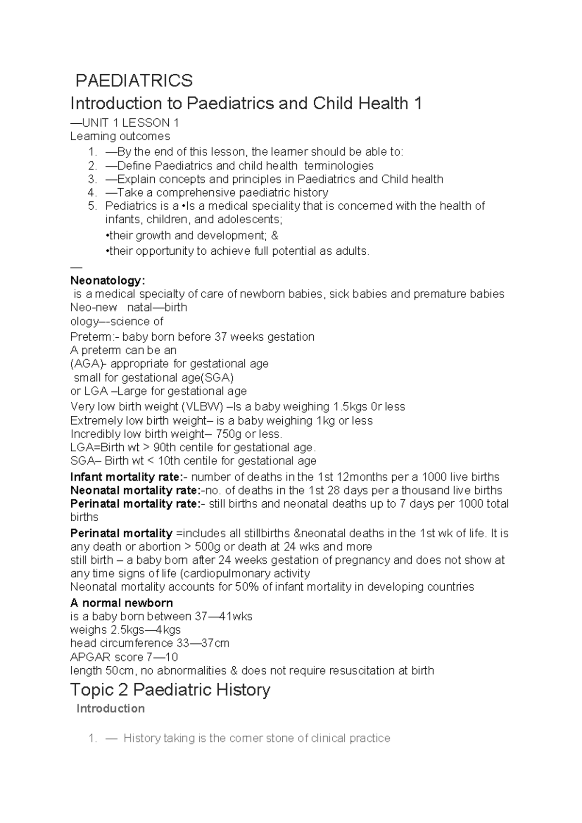 Paediatrics 101 - Lecture Notes on Child Health & History Taking - Studocu