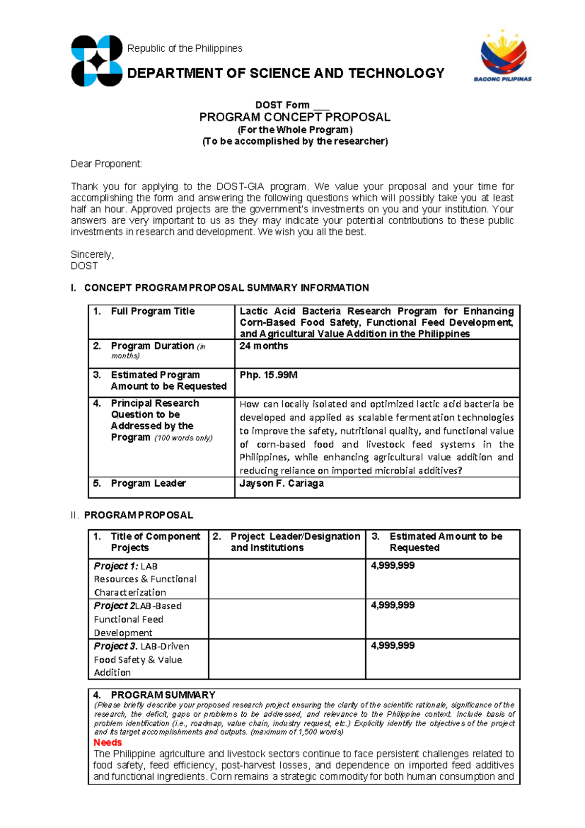 LAB Research Program Proposal for Food Safety & Agricultural Value ...