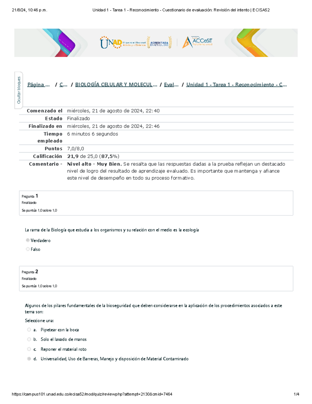 Unidad 1 - Tarea 1 - Cuestionario de Evaluación en Biología Celular - Document Preview