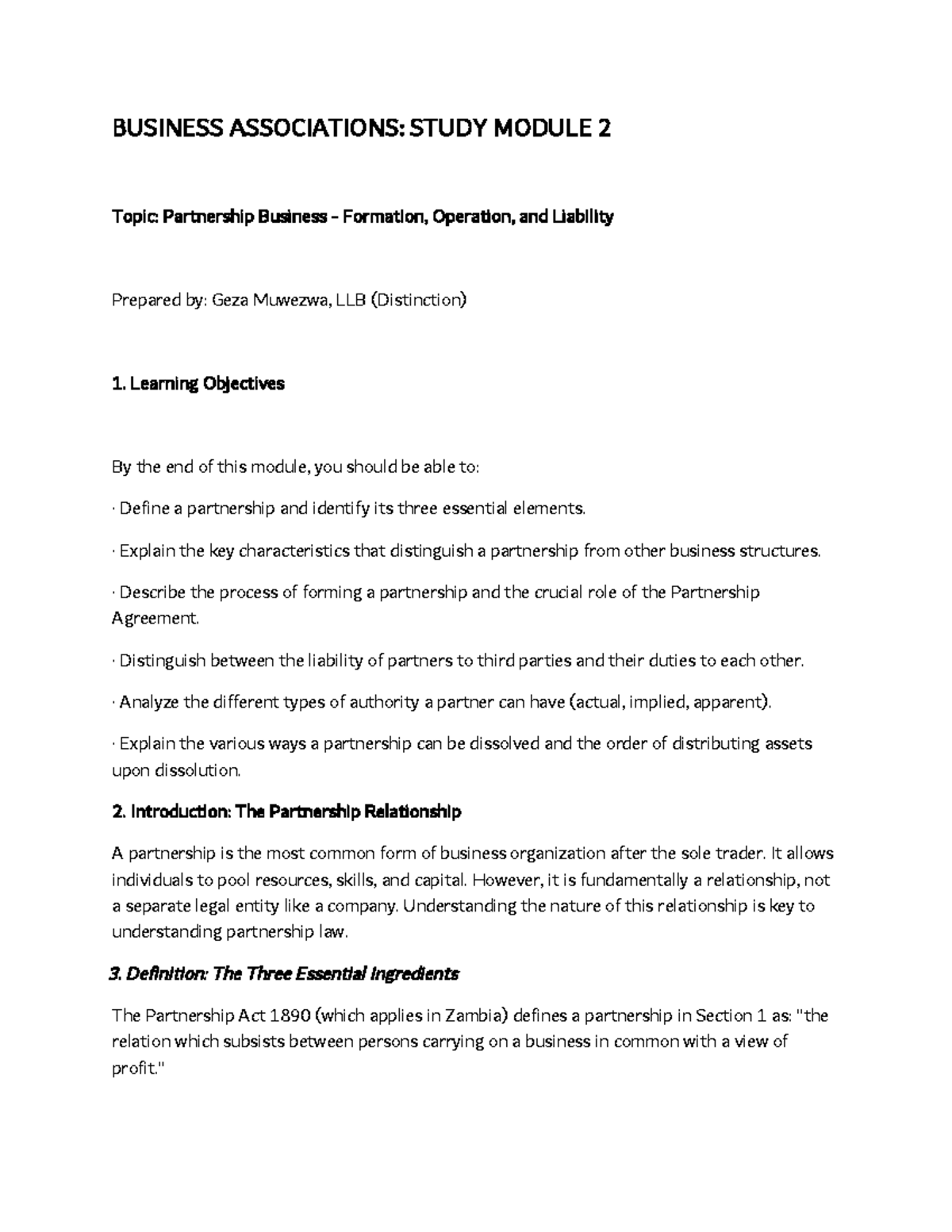 BUSINESS ASSOCIATIONS: STUDY MODULE 2 - Partnership Formation ...