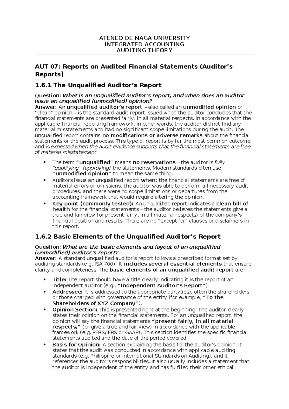 AUT 07: Understanding Unqualified Audit Reports and Their Elements ...