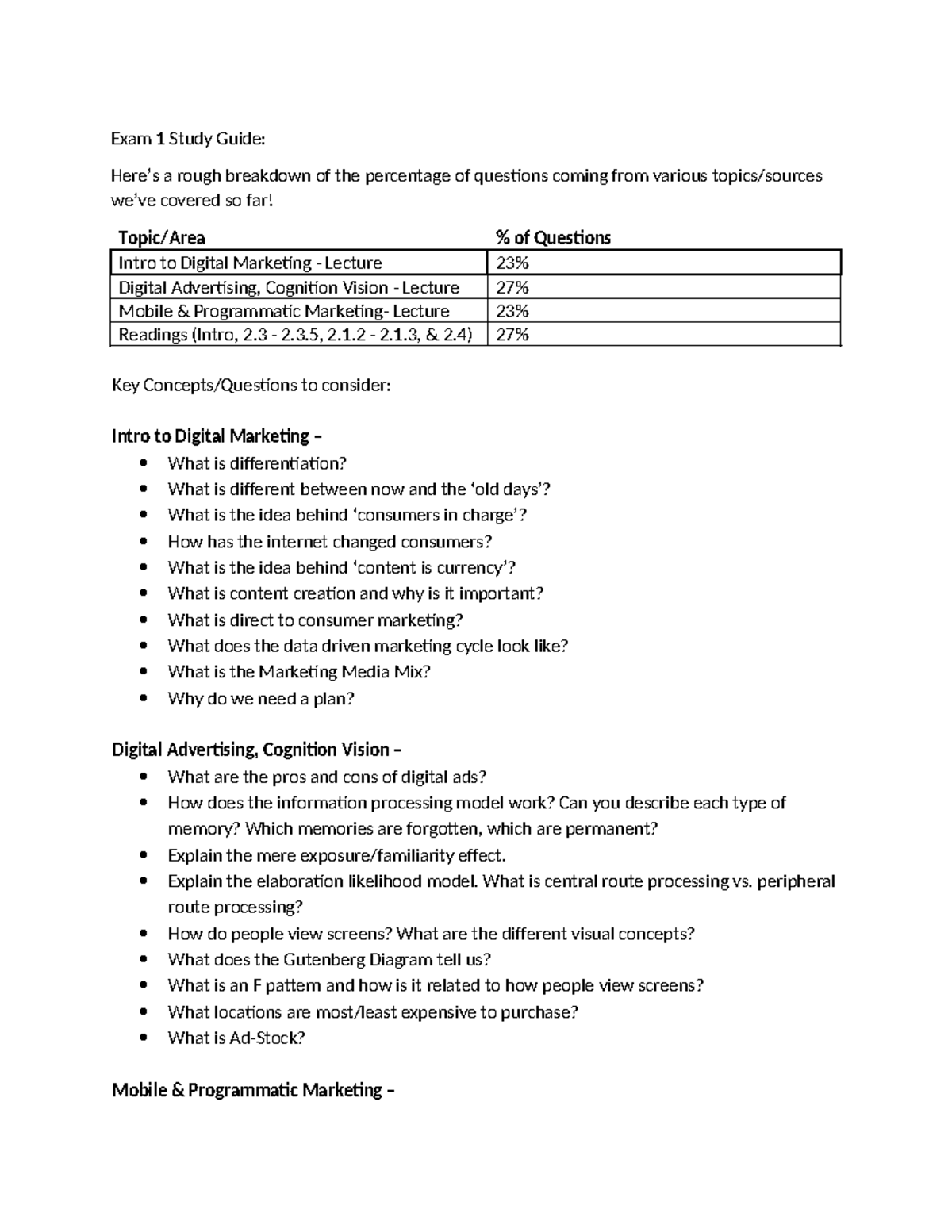 Exam 1 Study Guide for Digital Marketing (Spr25) - Studocu