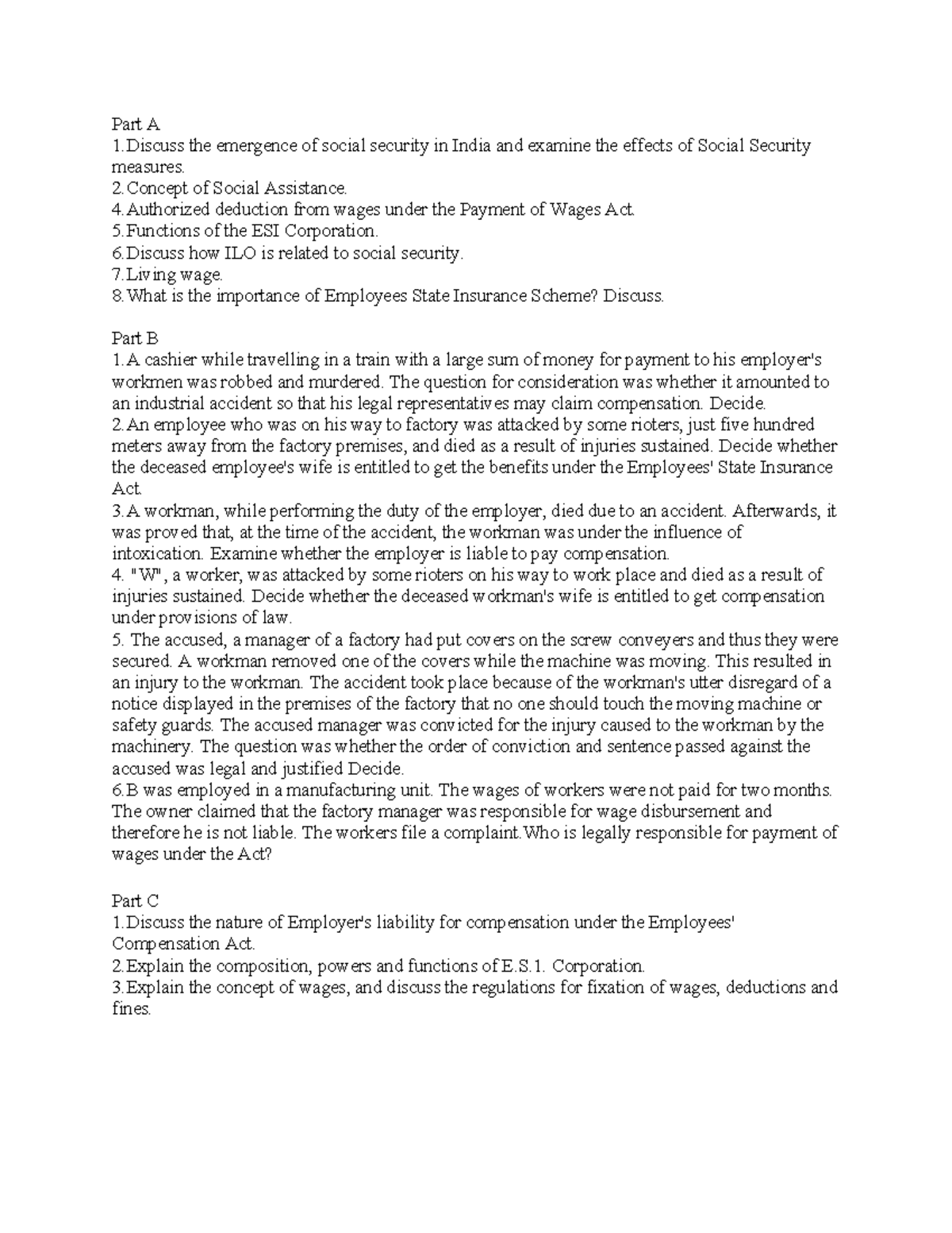 Important Questions on Labour Law: Social Security & Compensation - Studocu