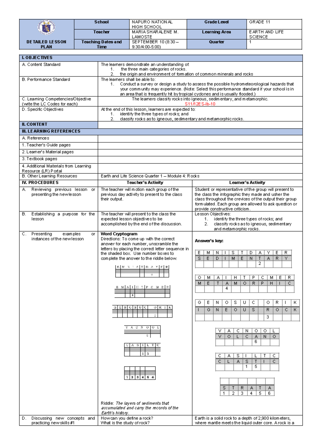 DLP-Q1-Identifying and Classifying Types of Rocks - Lesson Plan - Studocu