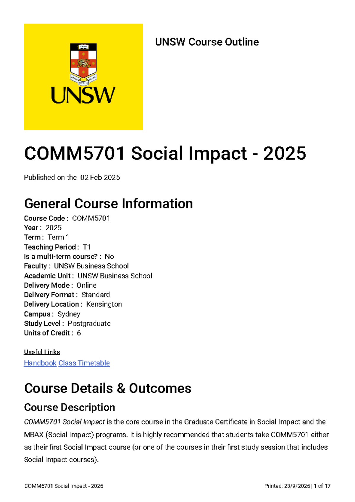COMM5701 Social Impact Course Outline - Term 1, 2025 (Online) - Studocu