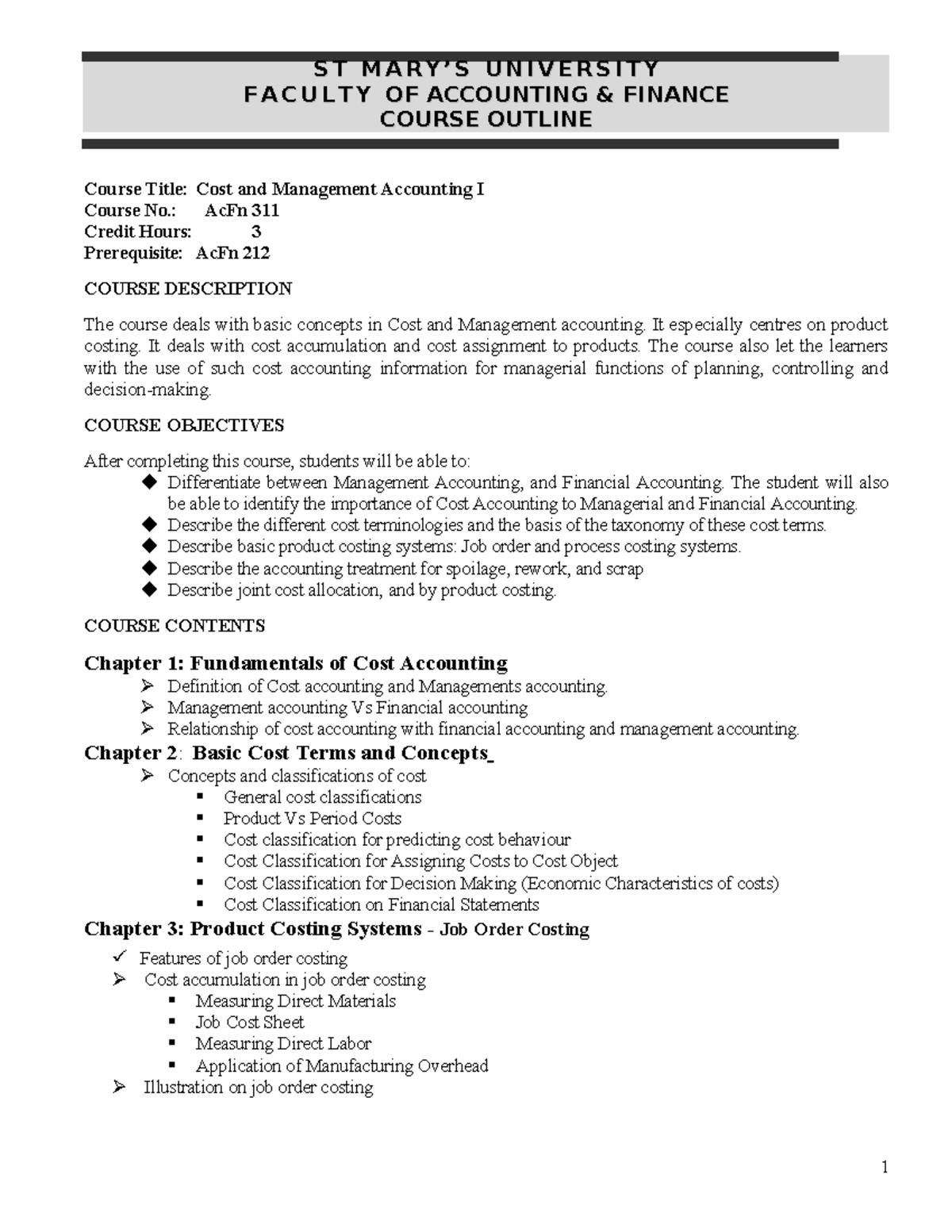 Cost and Management Accounting I Course Outline - AcFn 311 - Studocu