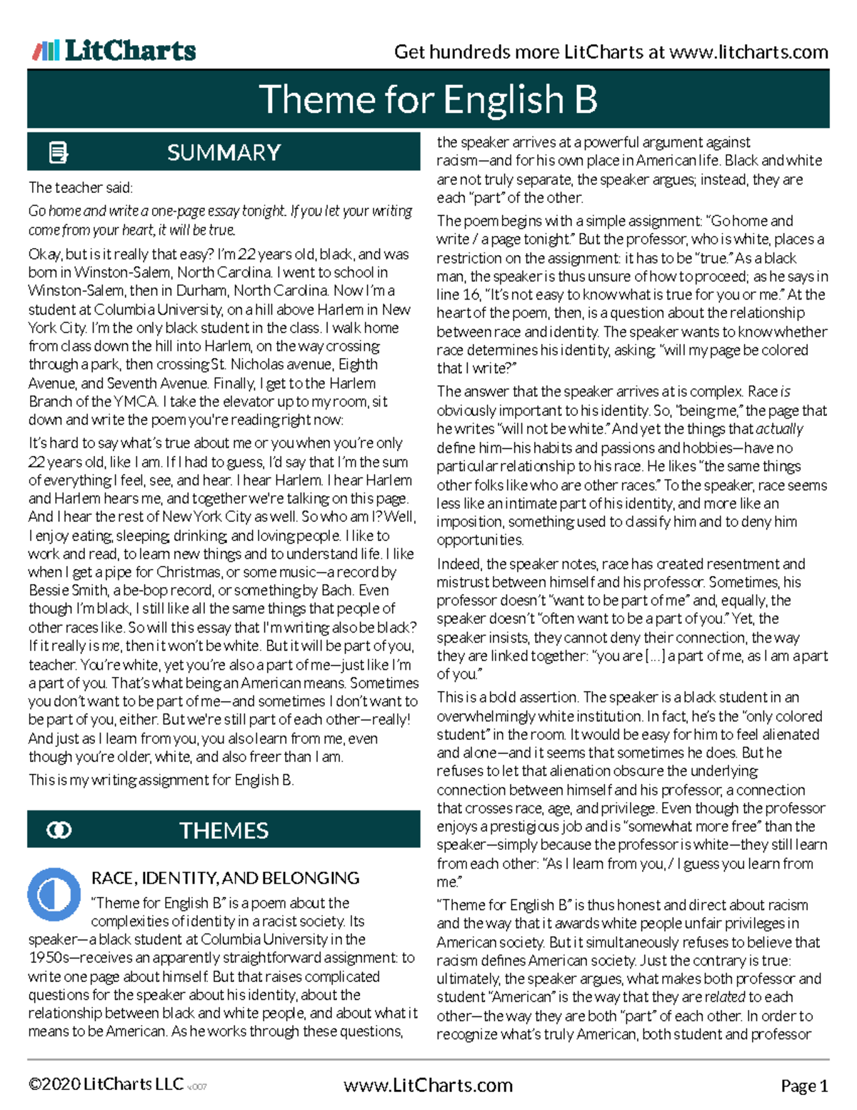 LitCharts Summary: Theme for English B (ENG 101) Analysis - Studocu