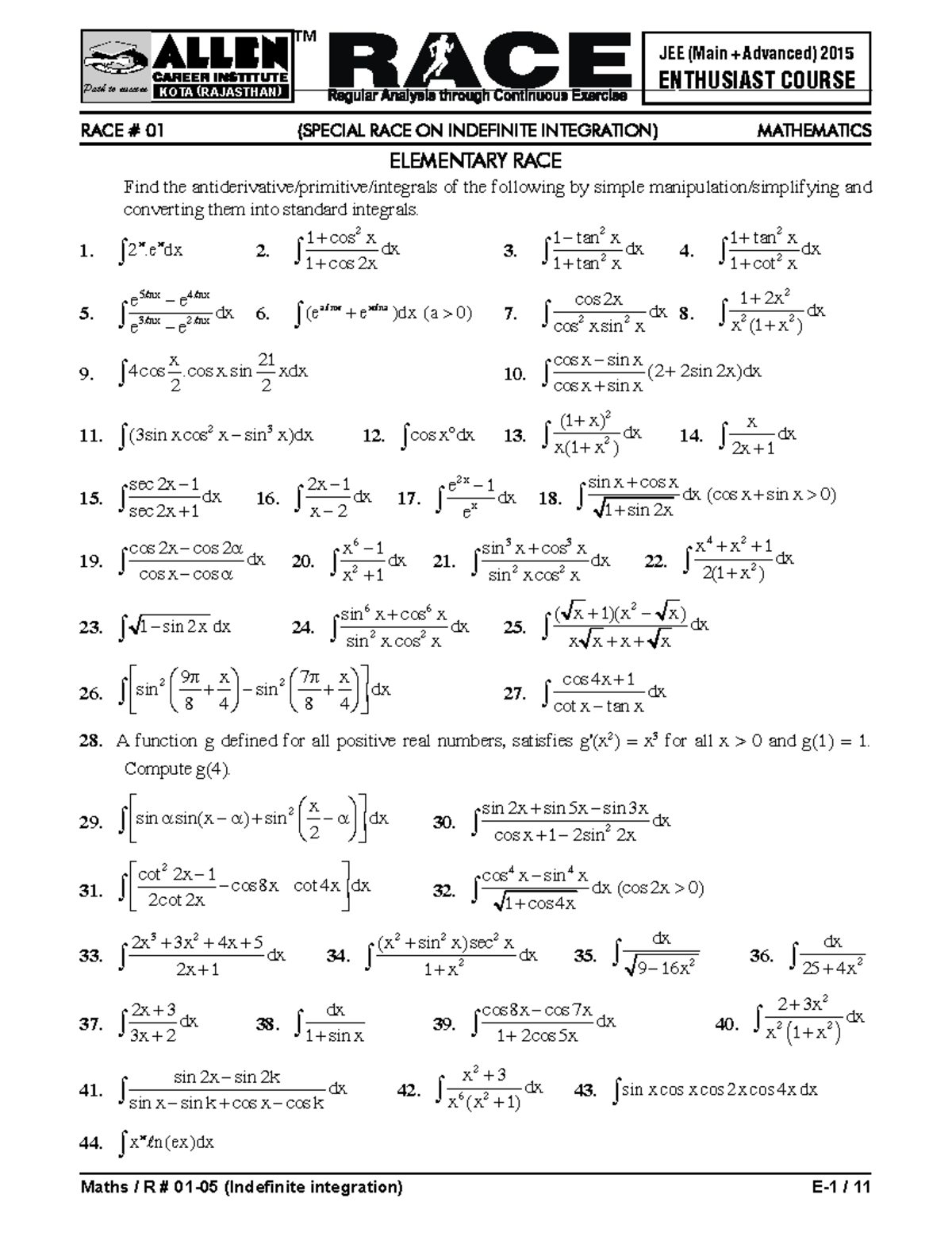 01-05-RACE (Indefinite integration) - Maths / R # 01-05 (Indefinite ...