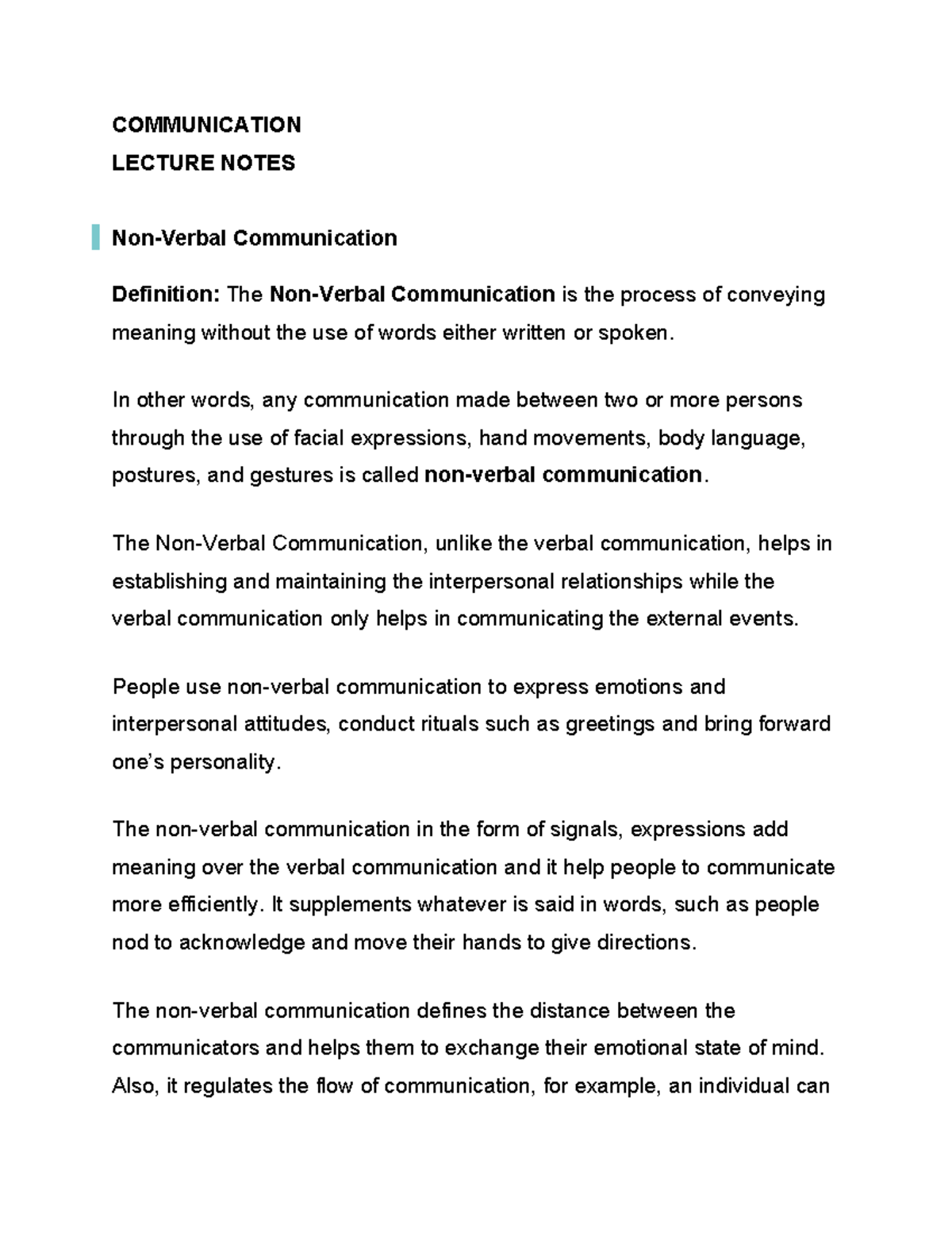 COMM 101: Non-Verbal Communication Lecture Notes - Studocu