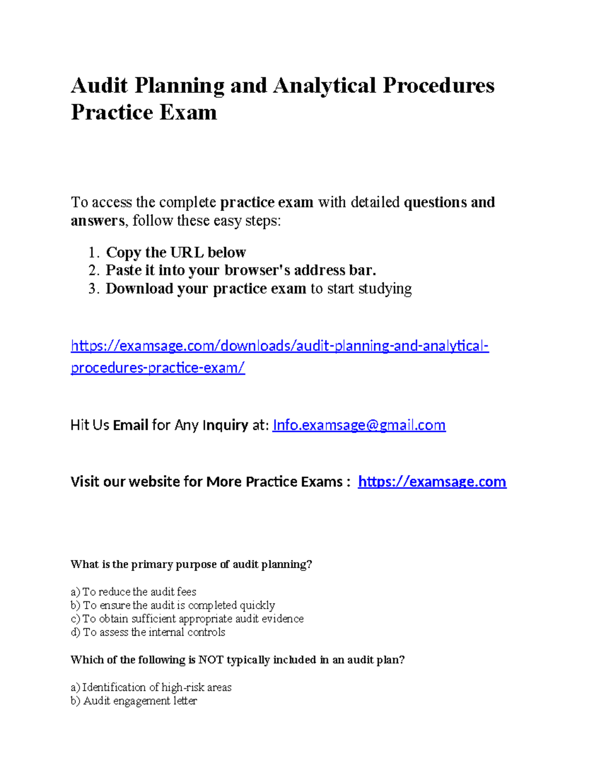 Audit Planning and Analytical Procedures Practice Exam - Audit Planning ...