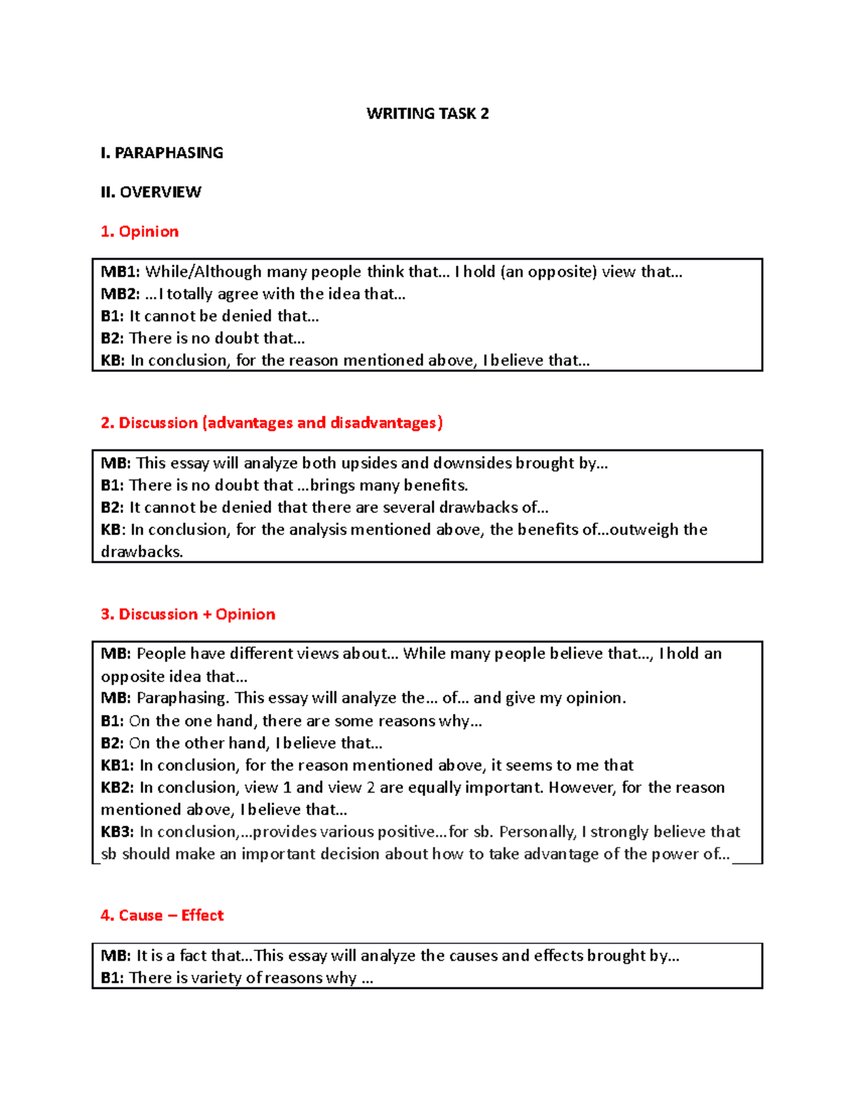 Writing PART 2 - ..... - WRITING TASK 2 I. PARAPHASING II. OVERVIEW 1 ...