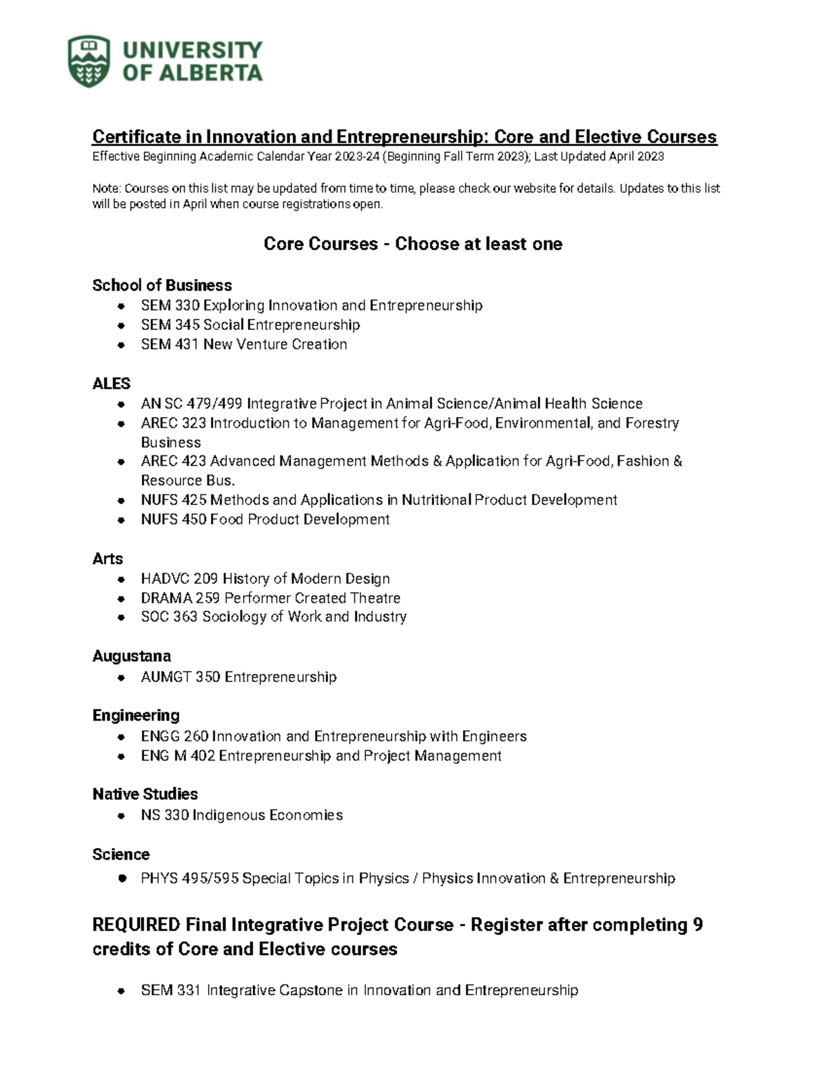 Core and Elective Courses for Innovation and Entrepreneurship (SEM 330 ...