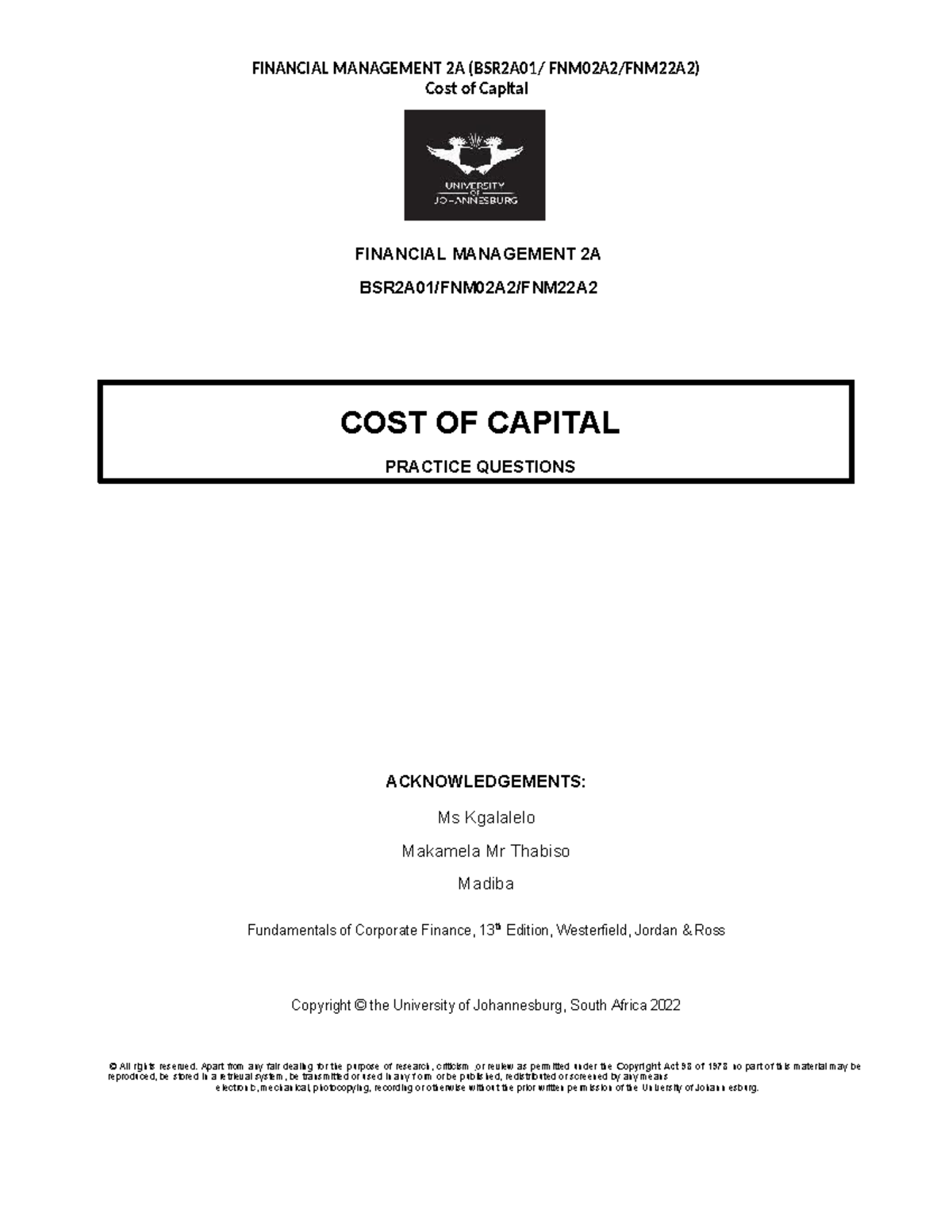 FINANCIAL MANAGEMENT 2A Cost of Capital Practice Questions - Studocu