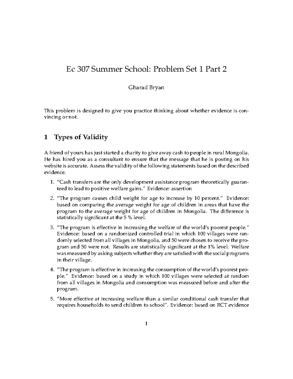 Ec 307 Summer School: Problem Set 1 - Validity Assessment - Studocu