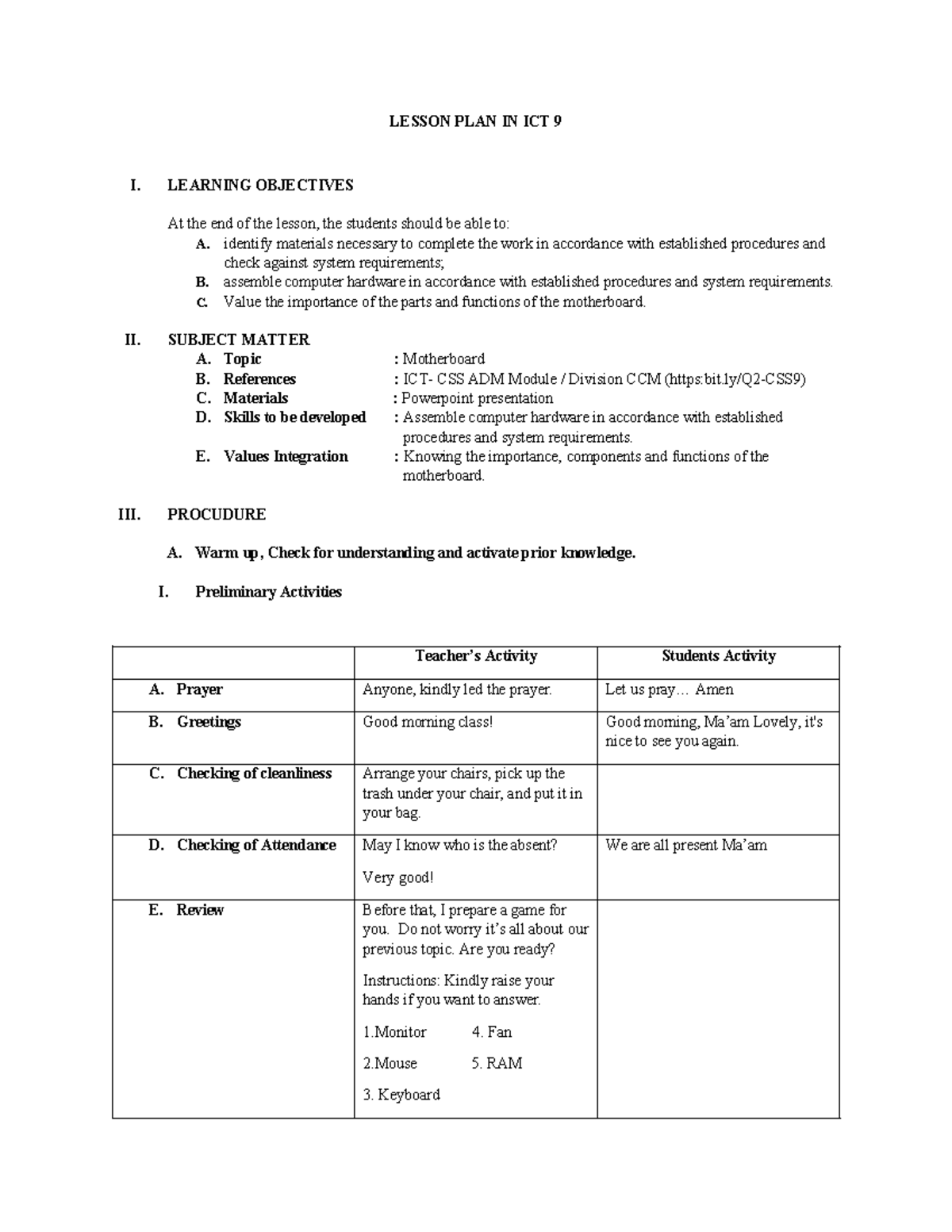 Lesson PLAN IN ICT 9 - ICT - LESSON PLAN IN ICT 9 I. LEARNING ...