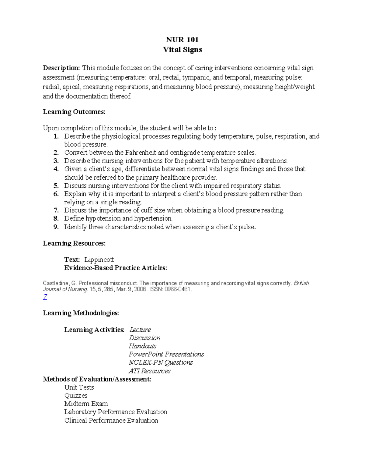 NUR 101 Vital Signs Module: Assessment & Interventions 2025 - Studocu
