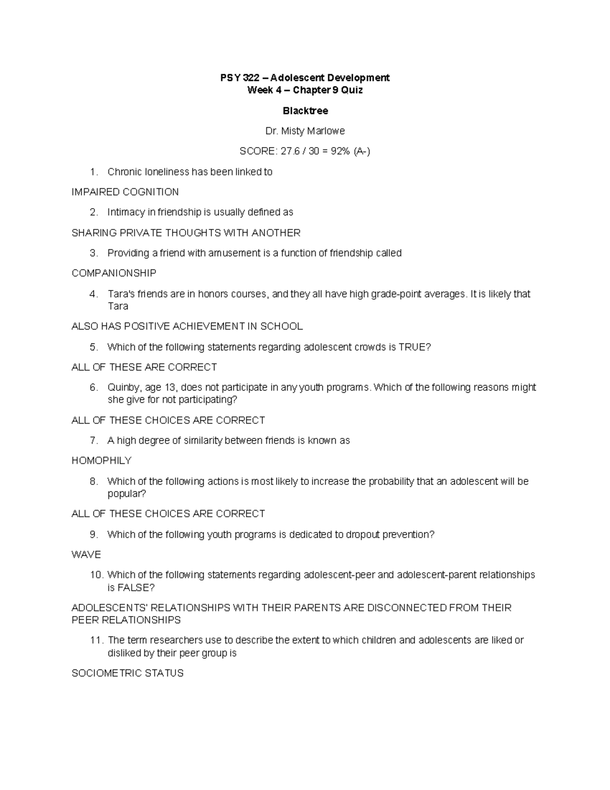 PSY322 Chapter 9 Quiz Insights: Score 92% on Adolescent Development ...